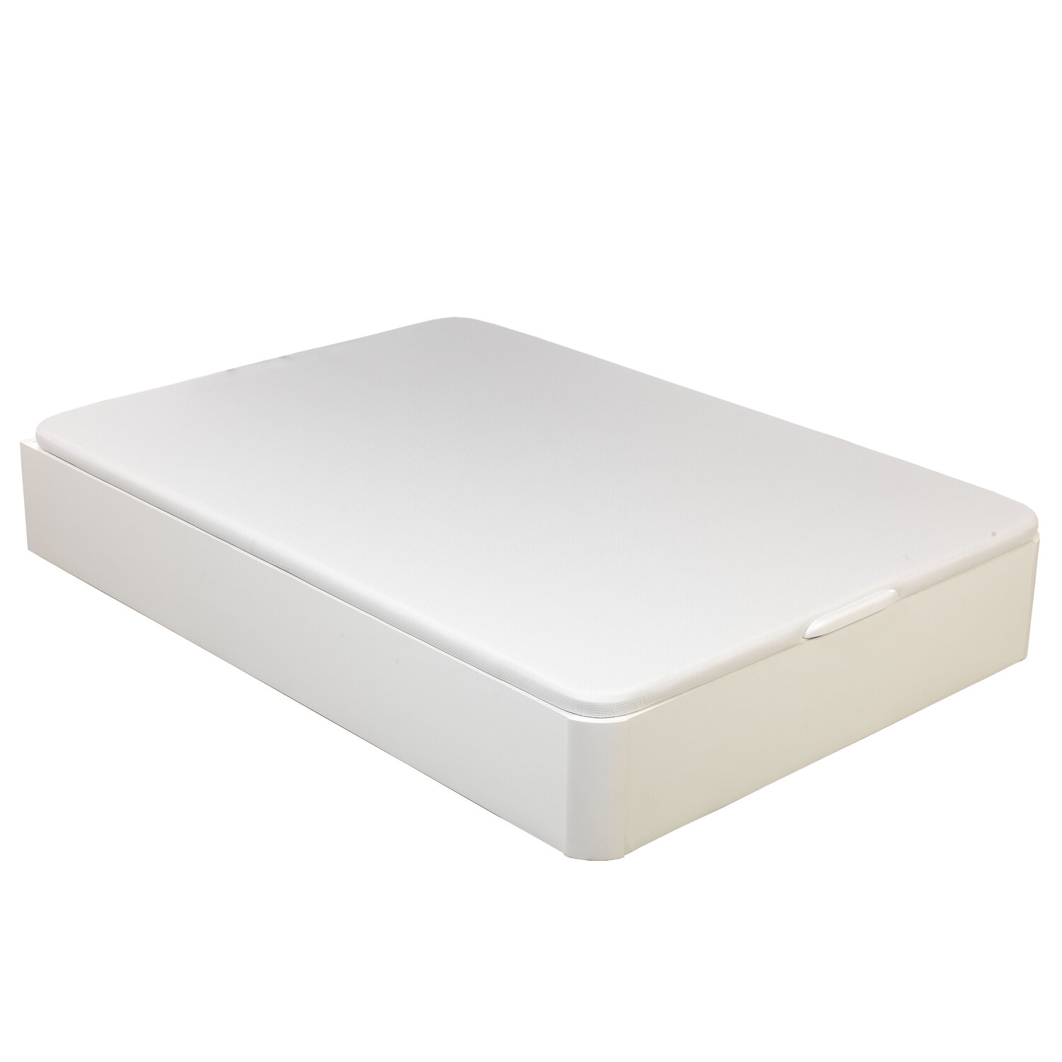 Base de cama blanca con tapa tapizada y asa.