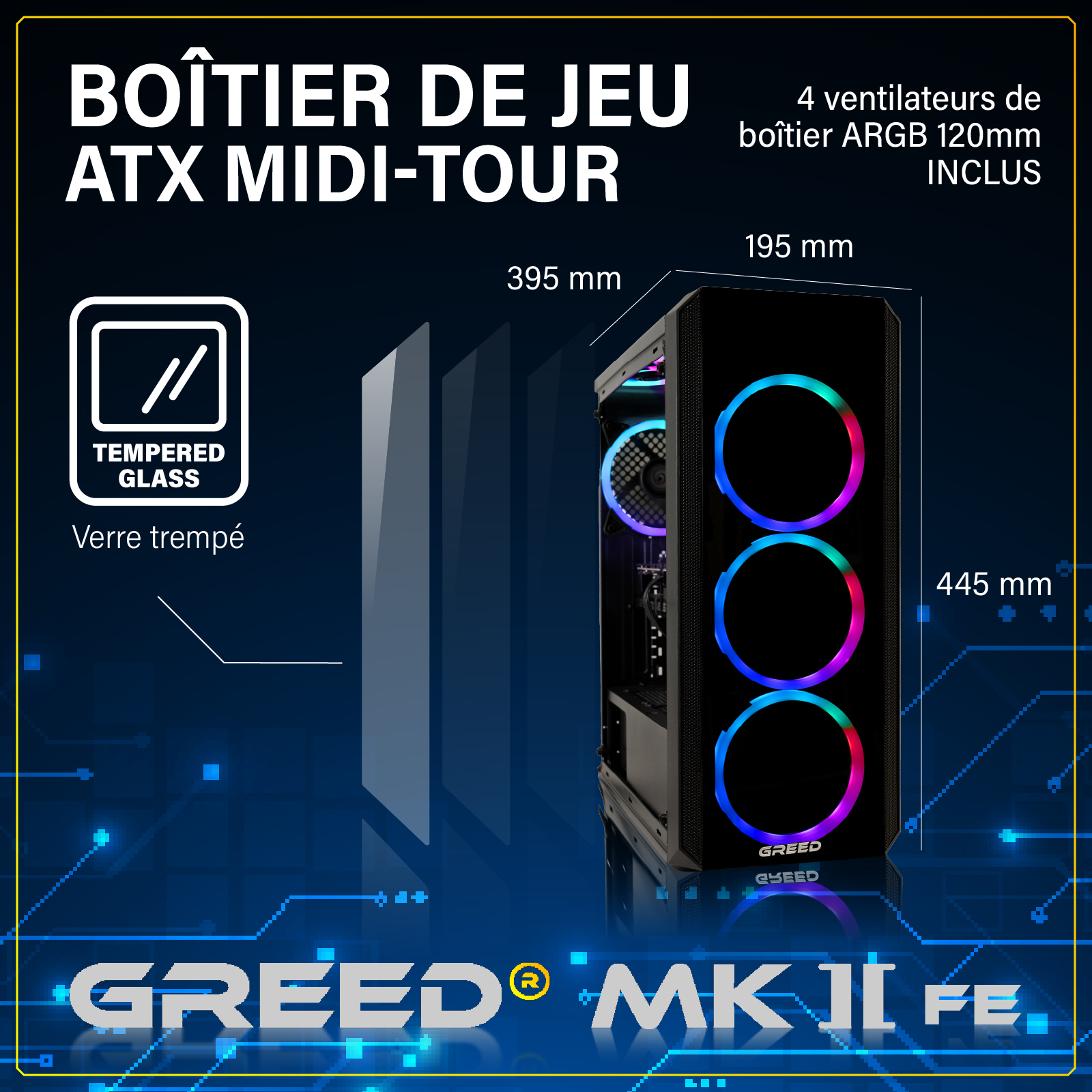 Un case PC ATX midi-tower nero con ventole ARGB e vetro temperato. Dimensioni.