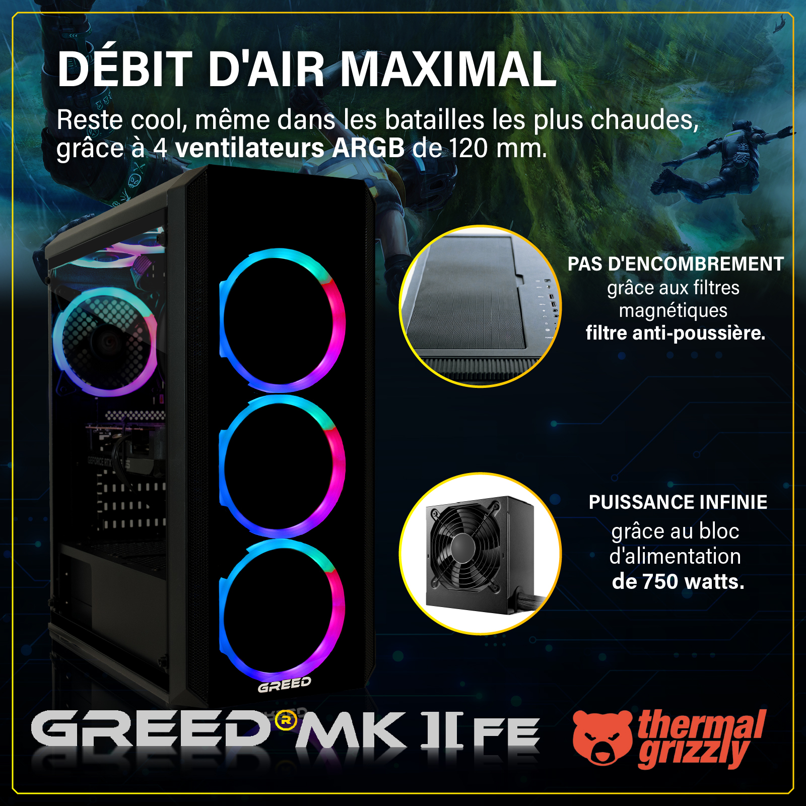 Un case PC con ventole ARGB, alimentatore e filtro.