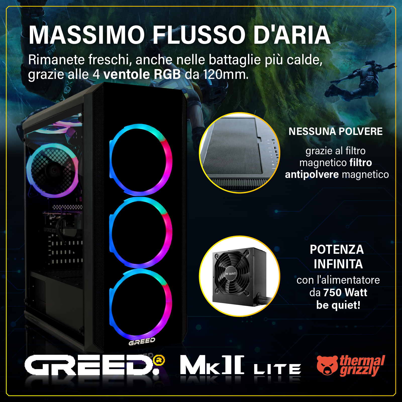 Case PC con ventole RGB, alimentatore e filtro antipolvere. Testo 'MASSIMO FLUSSO D'ARIA'.