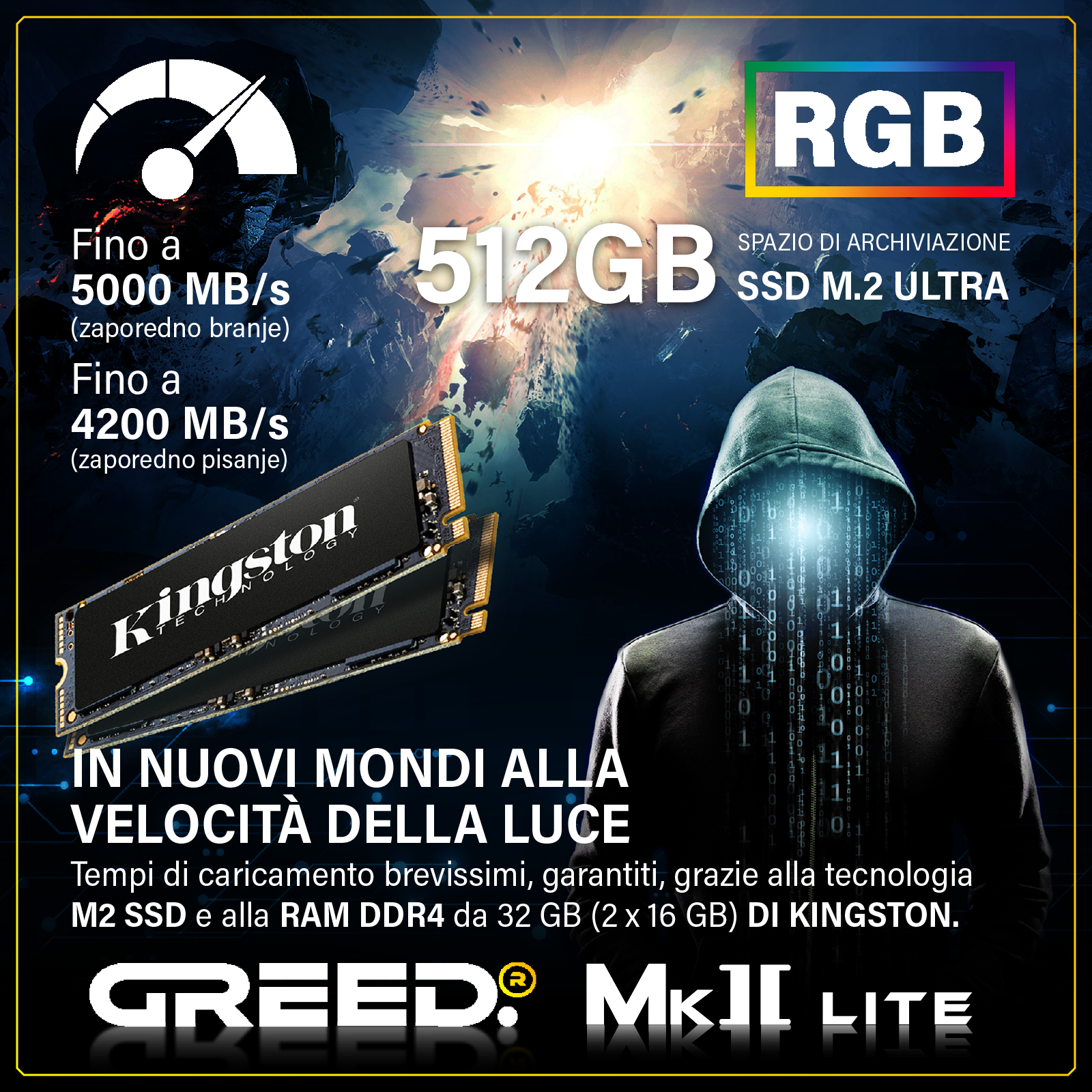Una figura con cappuccio e codice binario sovrapposto accanto agli SSD Kingston.