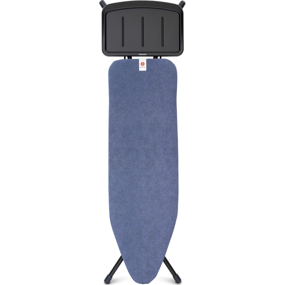 Une planche à repasser bleue avec repose-fer noir en haut.
