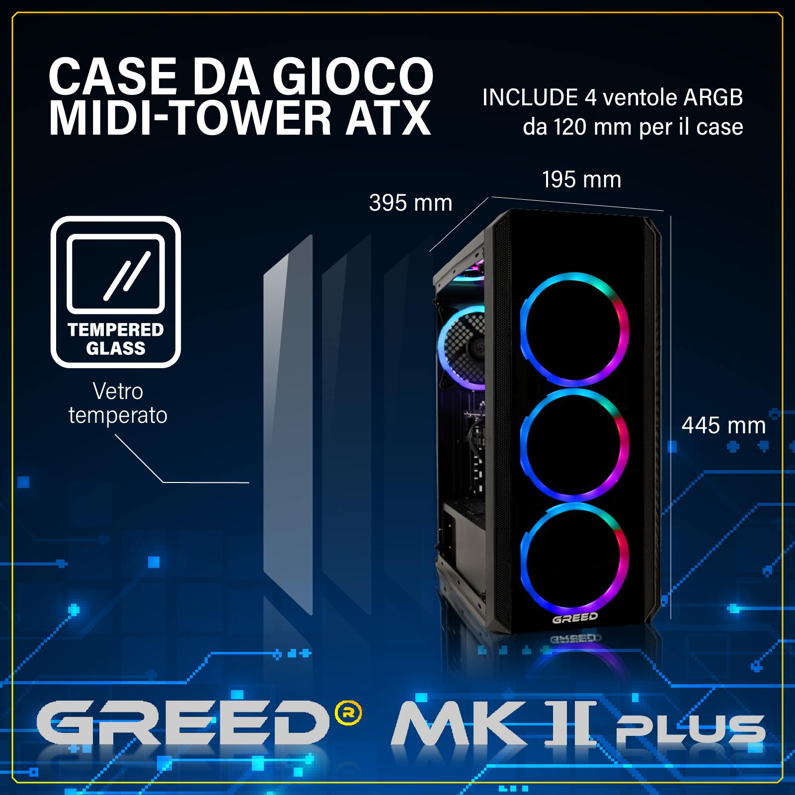 Case ATX Midi-Tower nero con ventole RGB e simbolo Vetro temperato.
