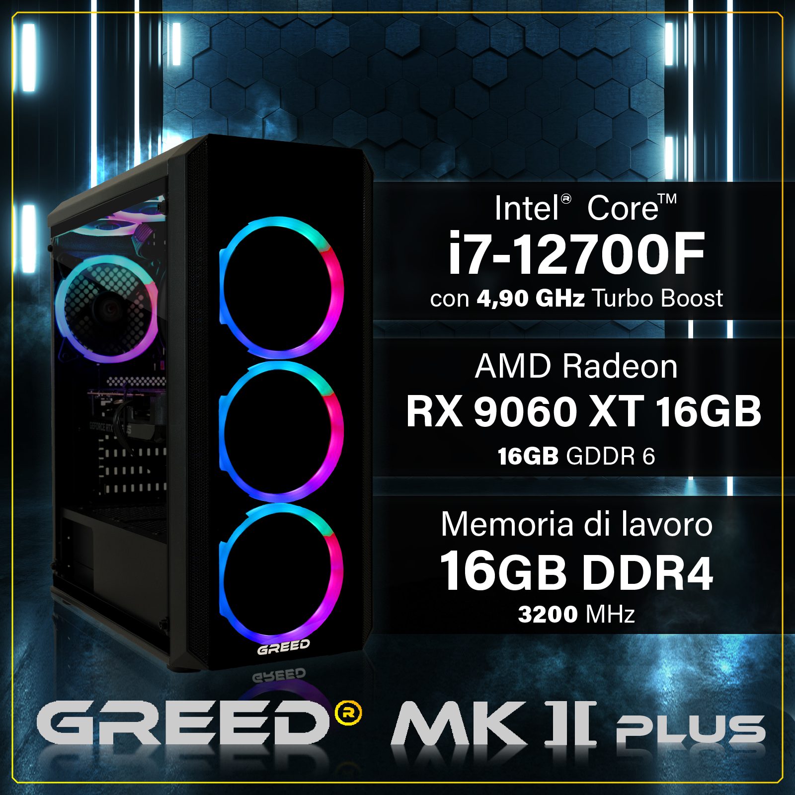 PC Gaming con Intel i7, AMD RX 9060 XT, 16GB RAM DDR4. Illuminazione RGB.