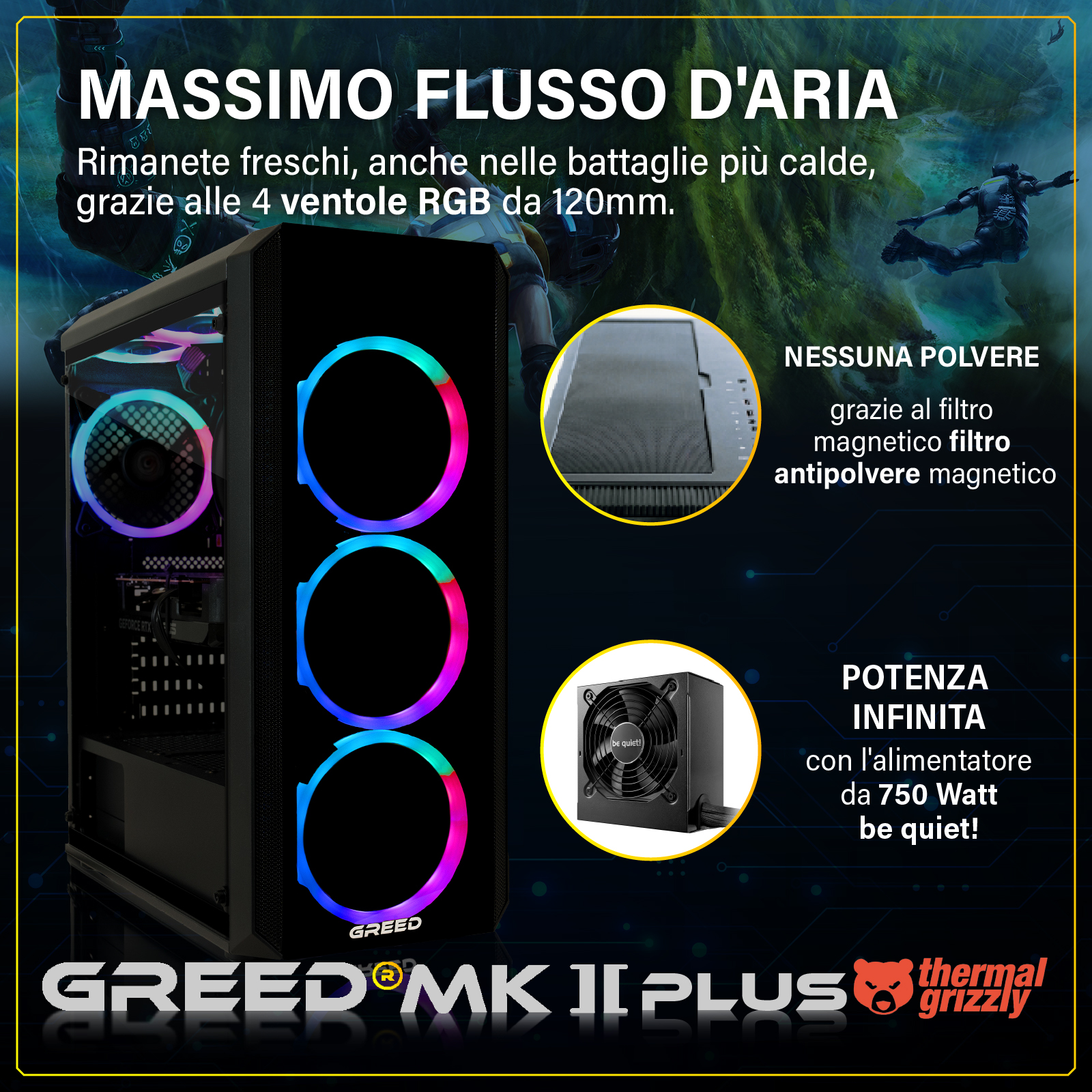 Un case PC con ventole RGB, alimentatore e filtro antipolvere.