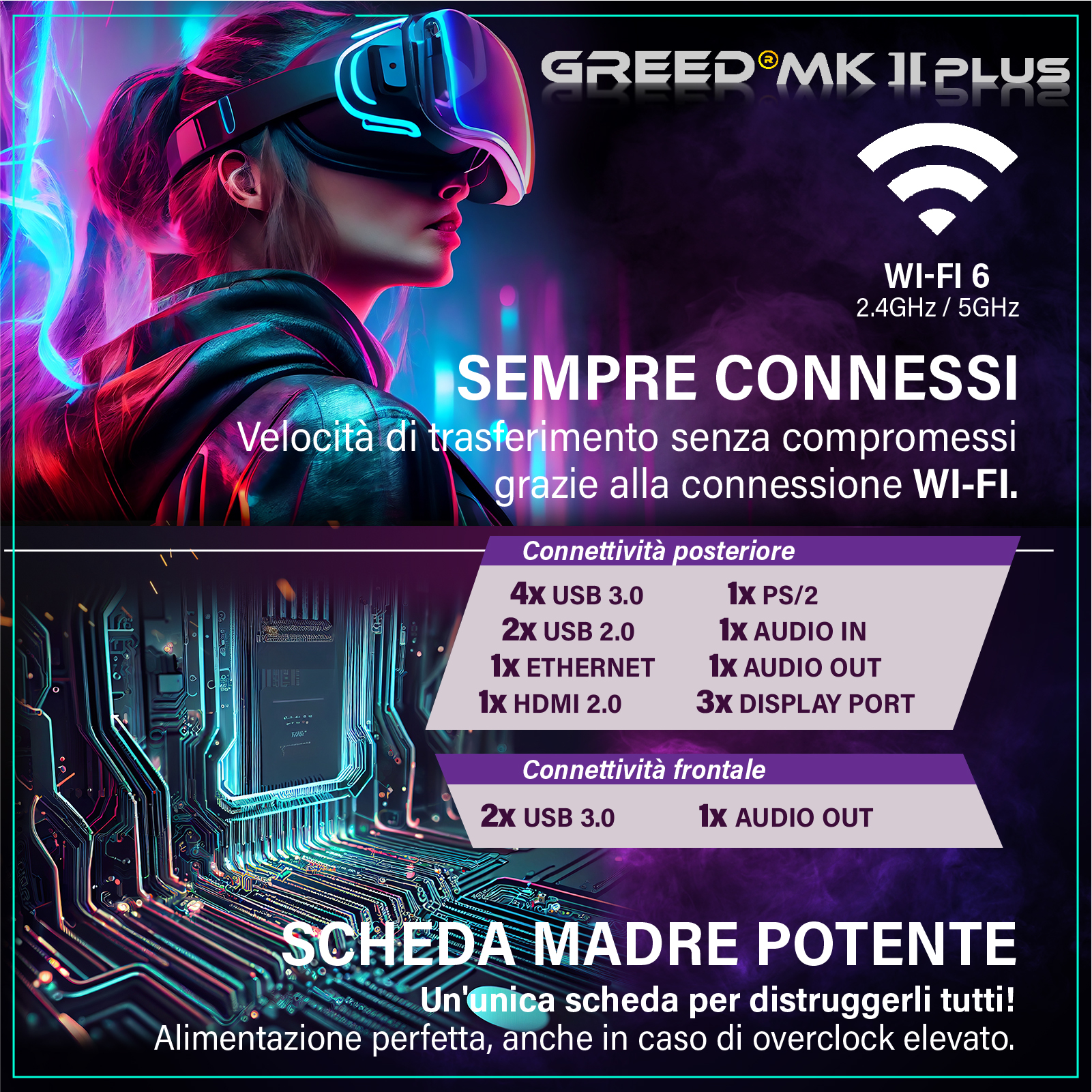 Una persona con visore VR, scheda madre stilizzata e opzioni di connettività.