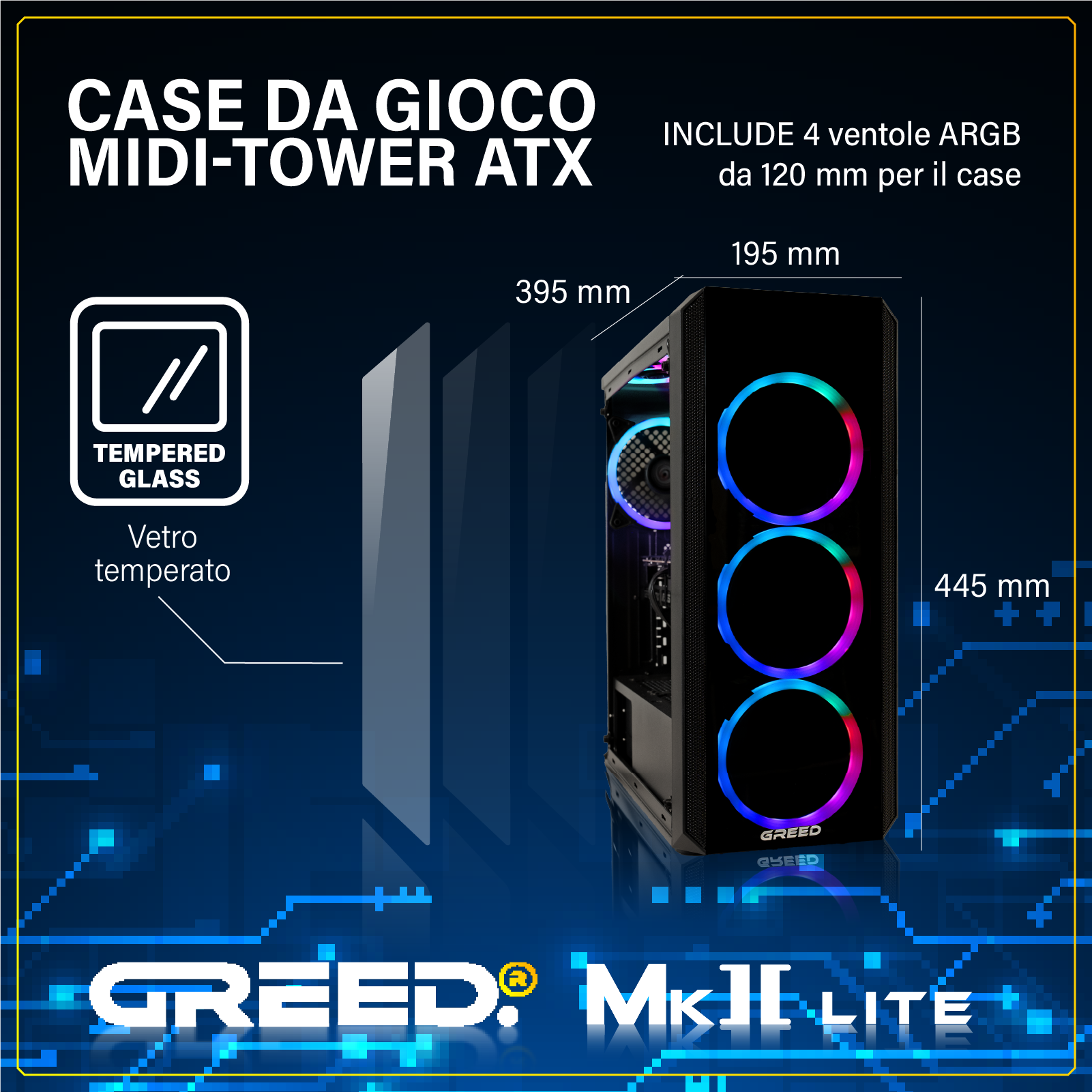 Un case da gioco ATX midi-tower con ventole ARGB e frontale in vetro.