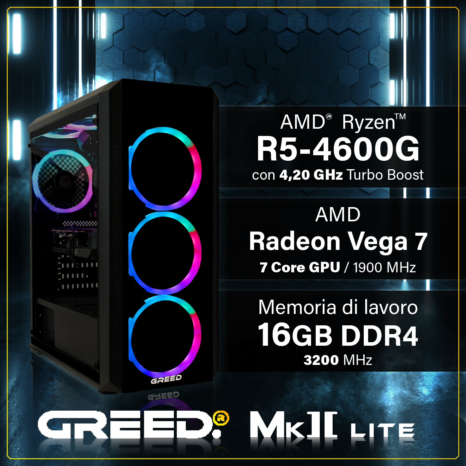 Un case PC con ventole RGB, AMD Ryzen 5 e grafica Radeon Vega 7.