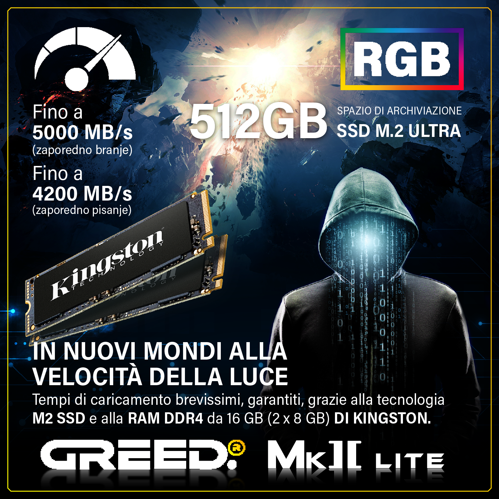 Figura incappucciata con codice binario sul viso, SSD Kingston e logo RGB.