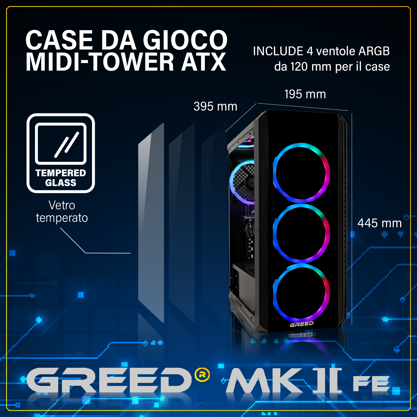 Un case ATX midi-tower nero con ventole ARGB e frontale in vetro temperato.