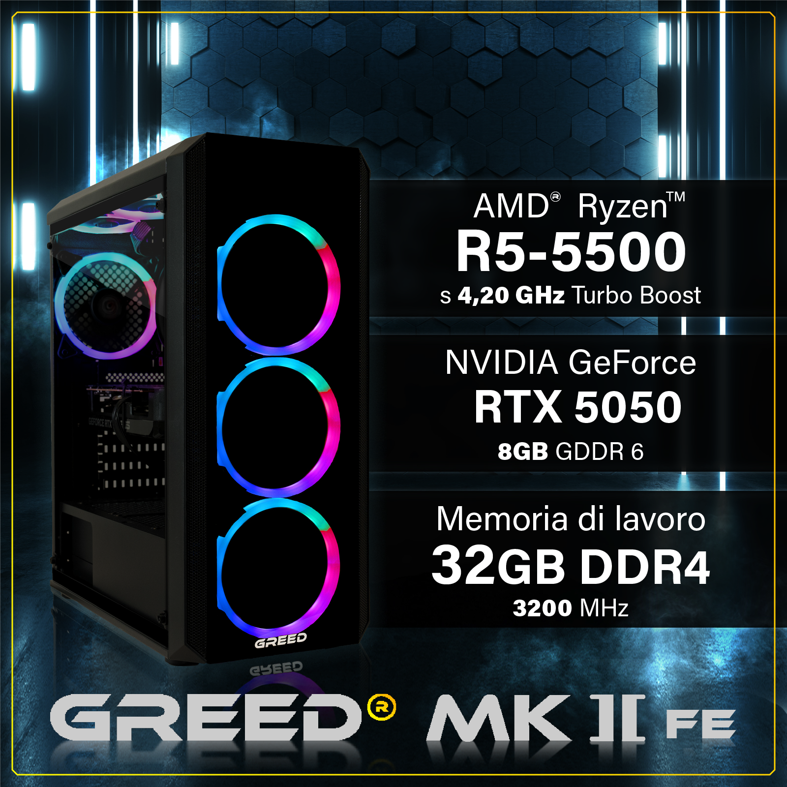 Un case PC con ventole RGB, AMD Ryzen R5-5500, RTX 5050.