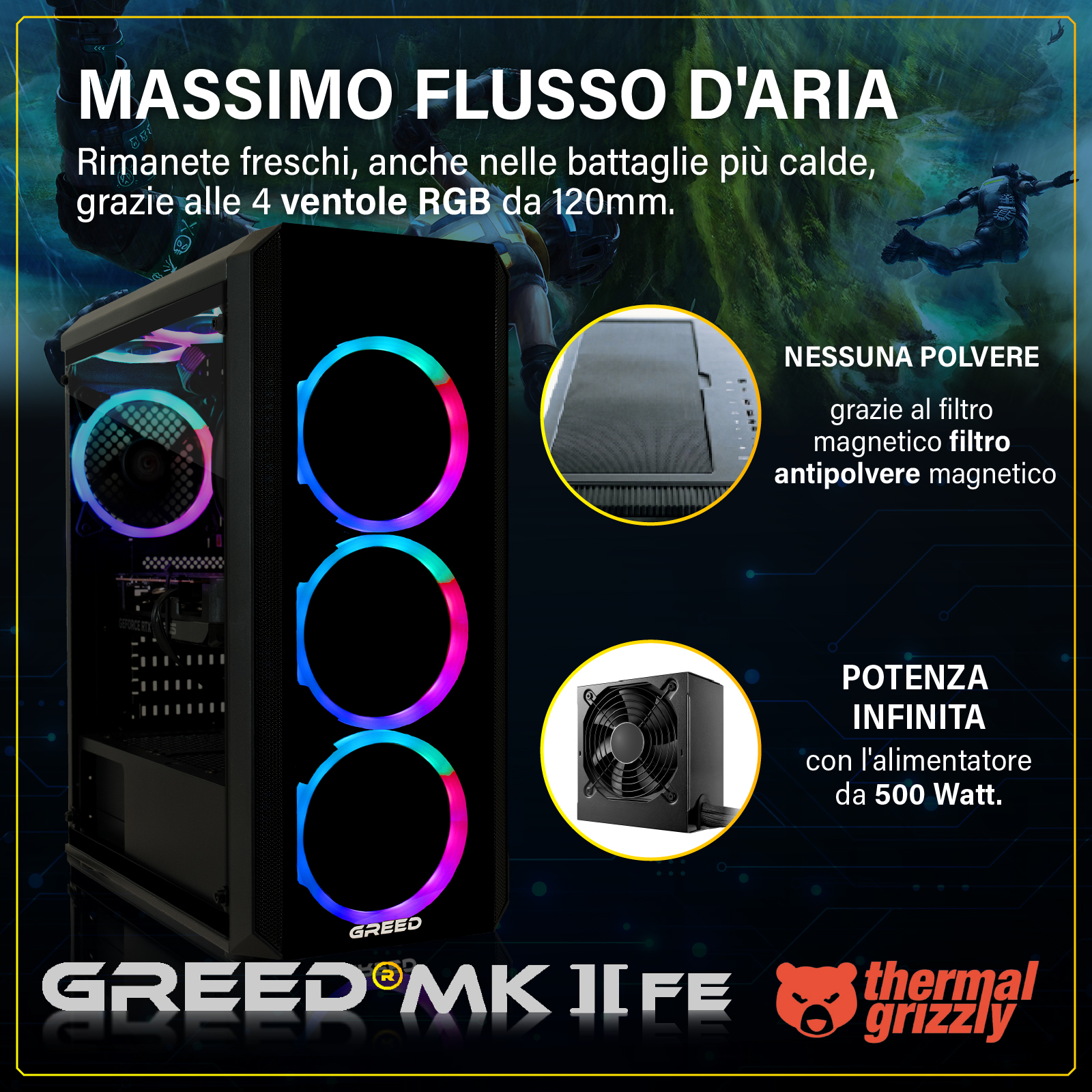 Un case PC con ventole RGB, alimentatore e filtro antipolvere.