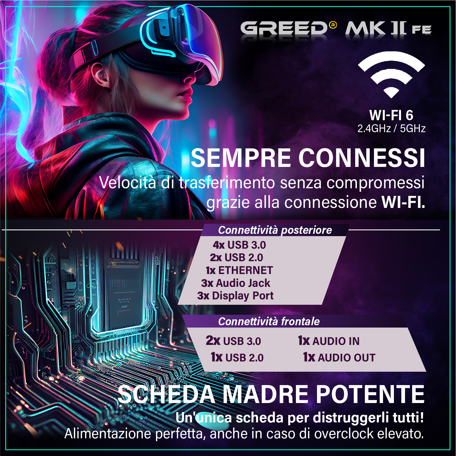 Una donna indossa un visore VR. Sotto sono porte della scheda madre e Wi-Fi 6.