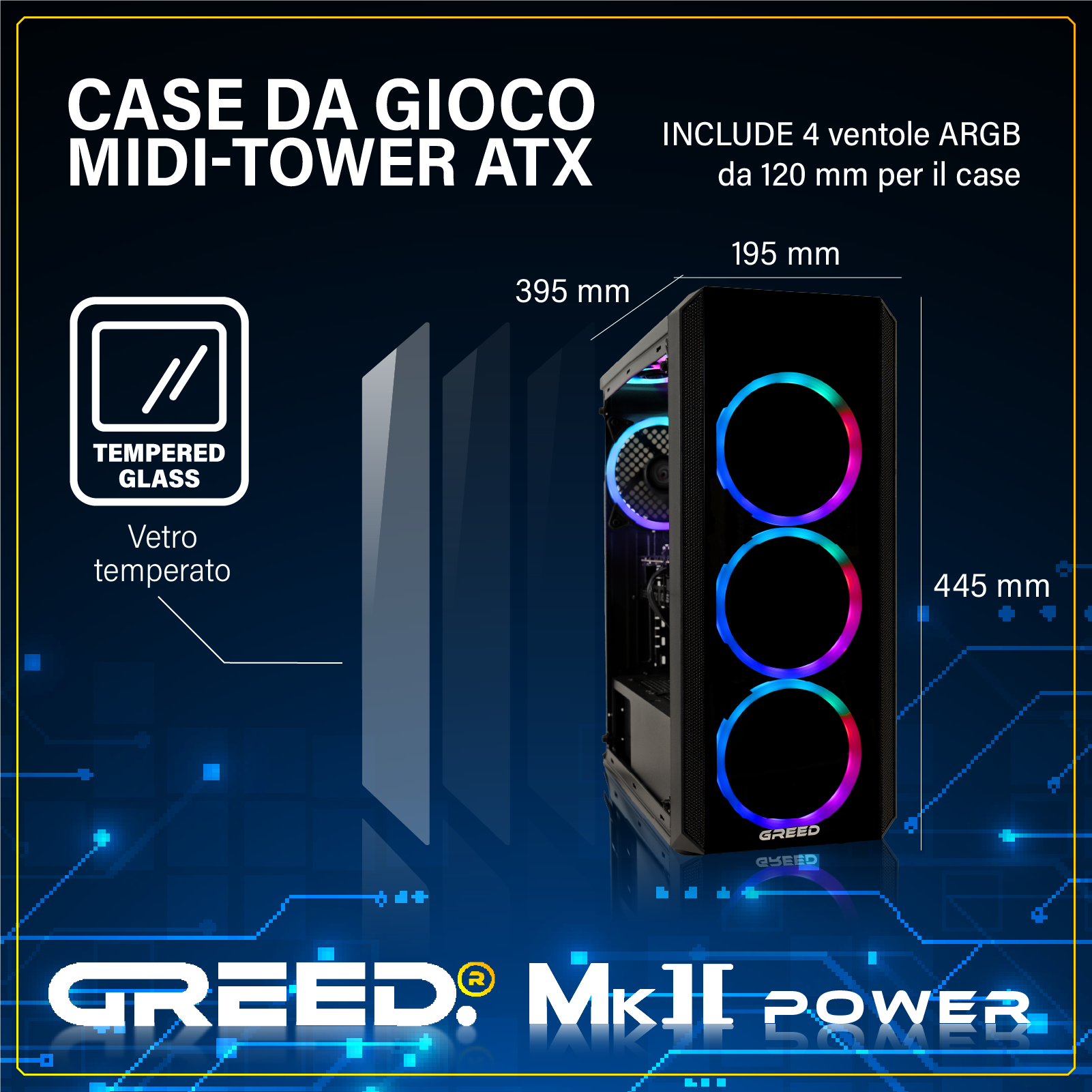 Case PC midi-tower ATX nero con vetro temperato e ventole RGB.