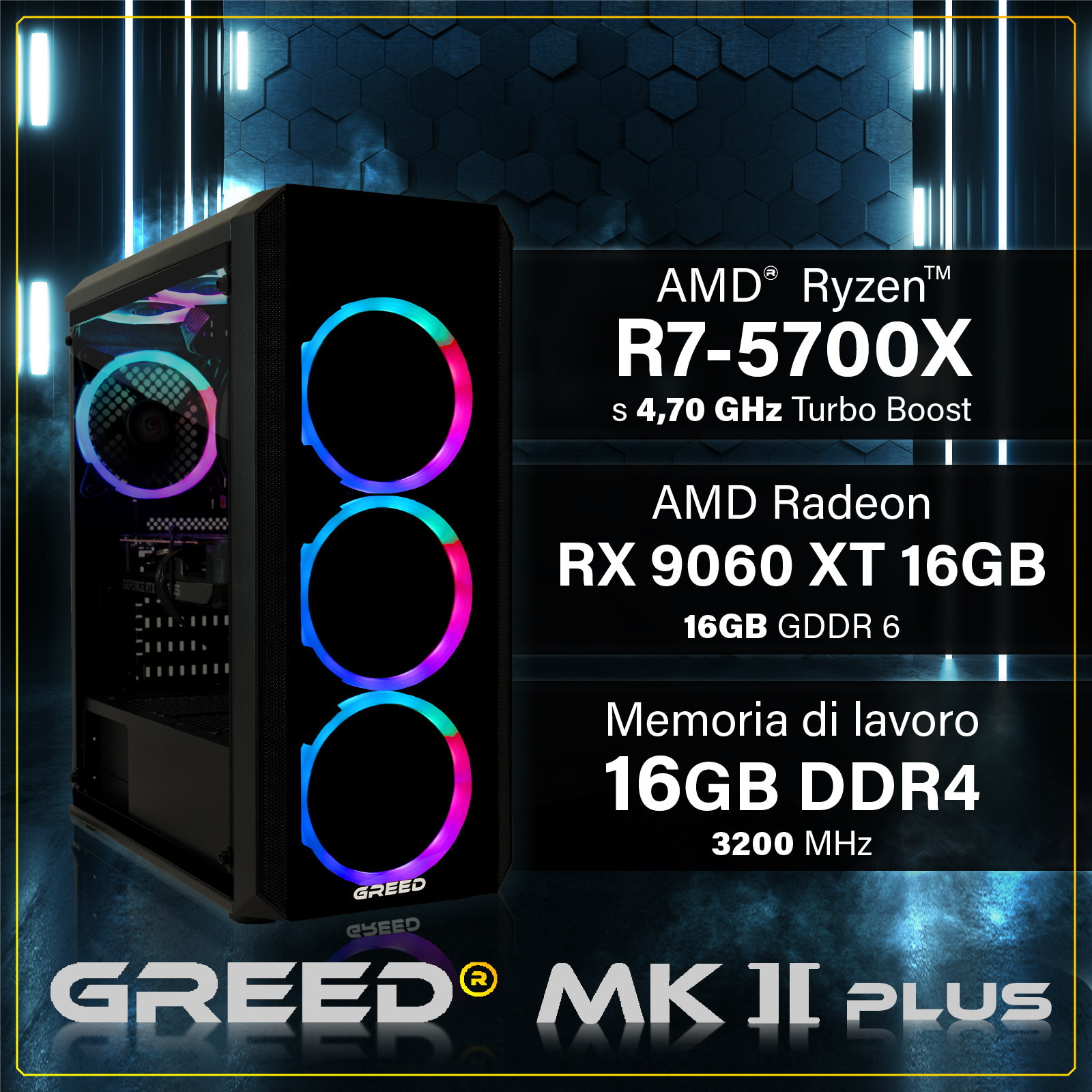 Un case PC con ventole RGB, CPU AMD Ryzen R7-5700X, GPU RX 9060 XT.