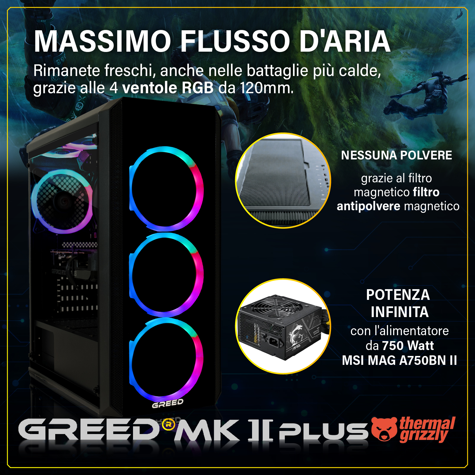 Case PC con ventole RGB, alimentatore e filtro antipolvere. Massimo flusso d'aria.