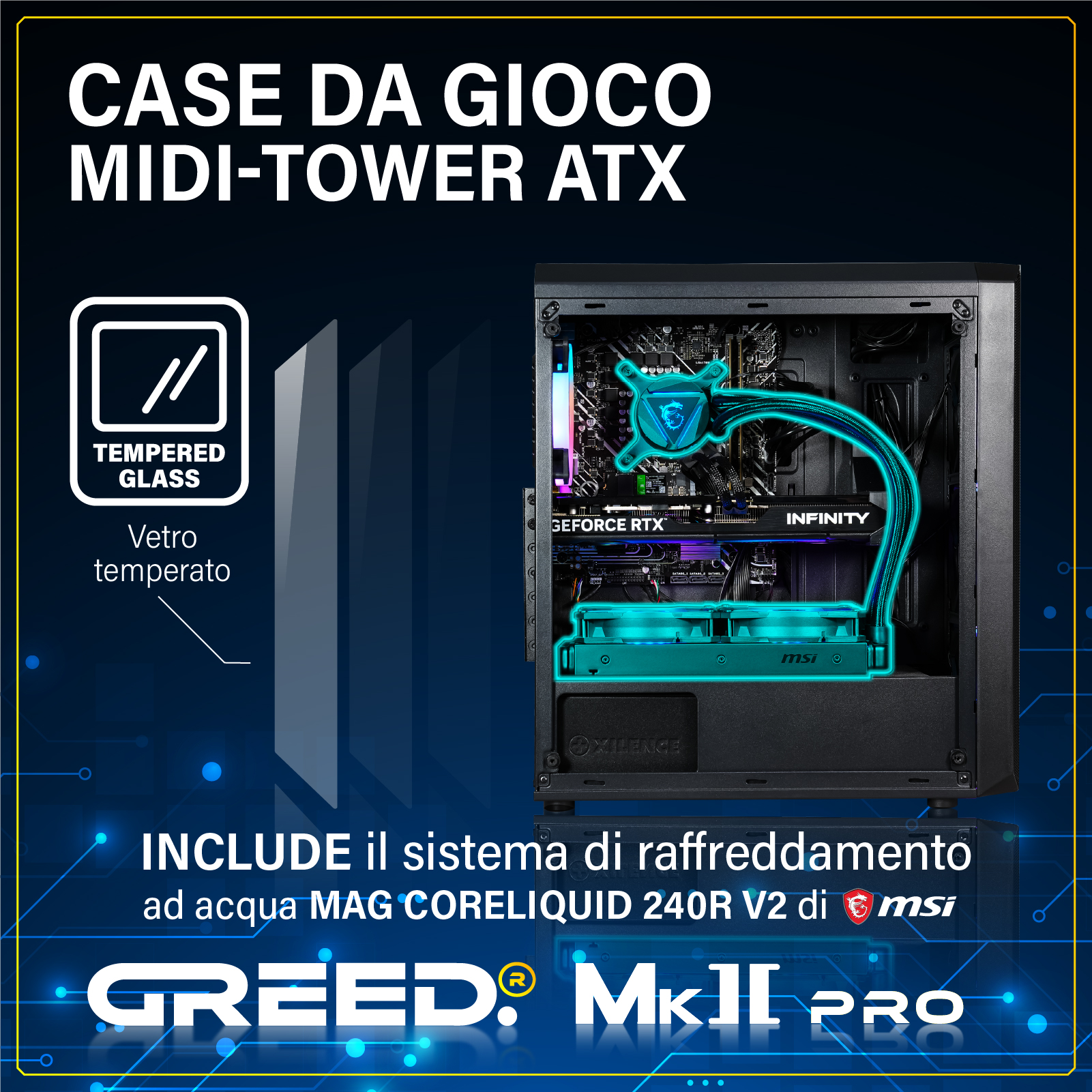 Case PC gaming: Midi-tower ATX con raffreddamento a liquido, scheda RTX e vetro temperato.