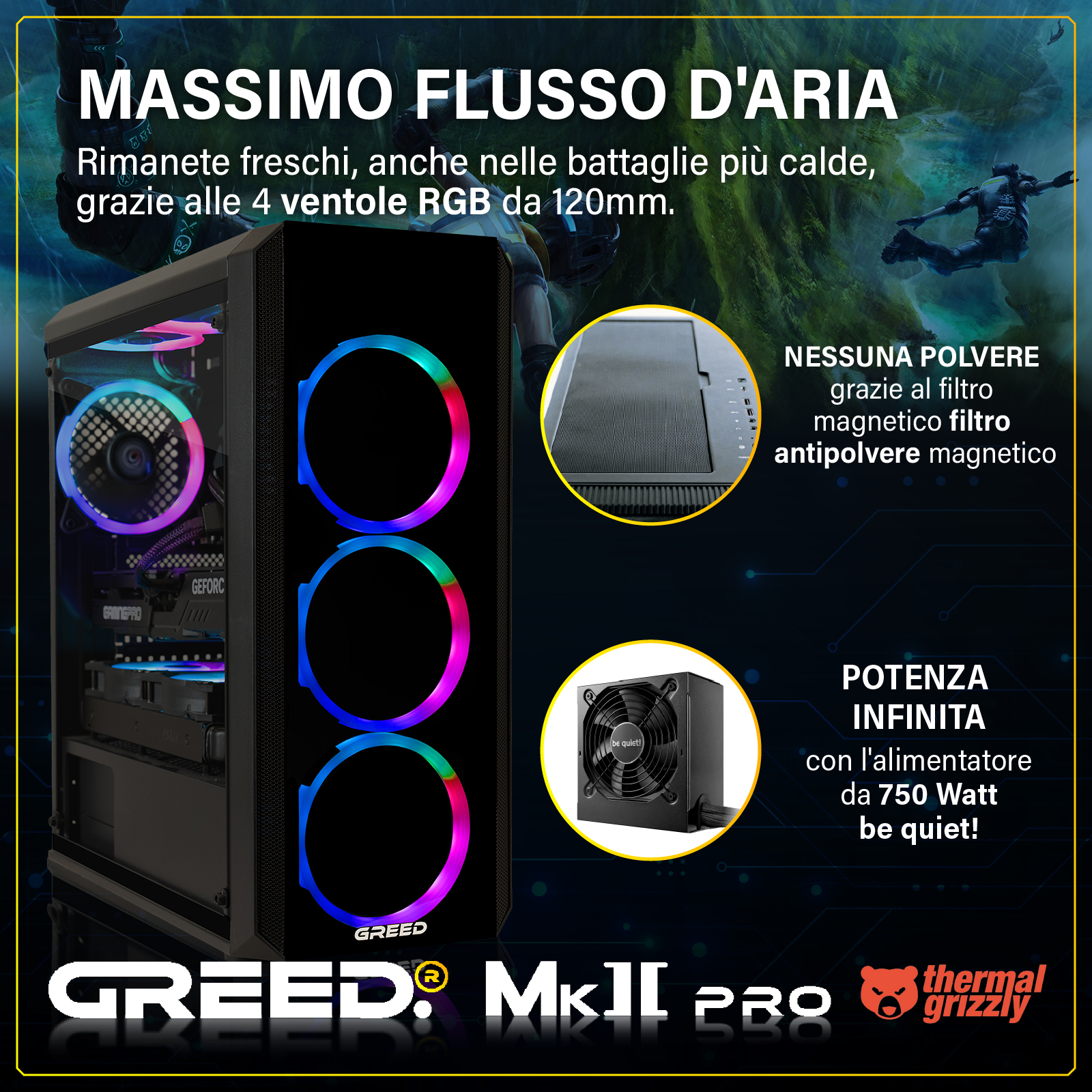 Un case PC nero con ventole RGB e alimentatore.