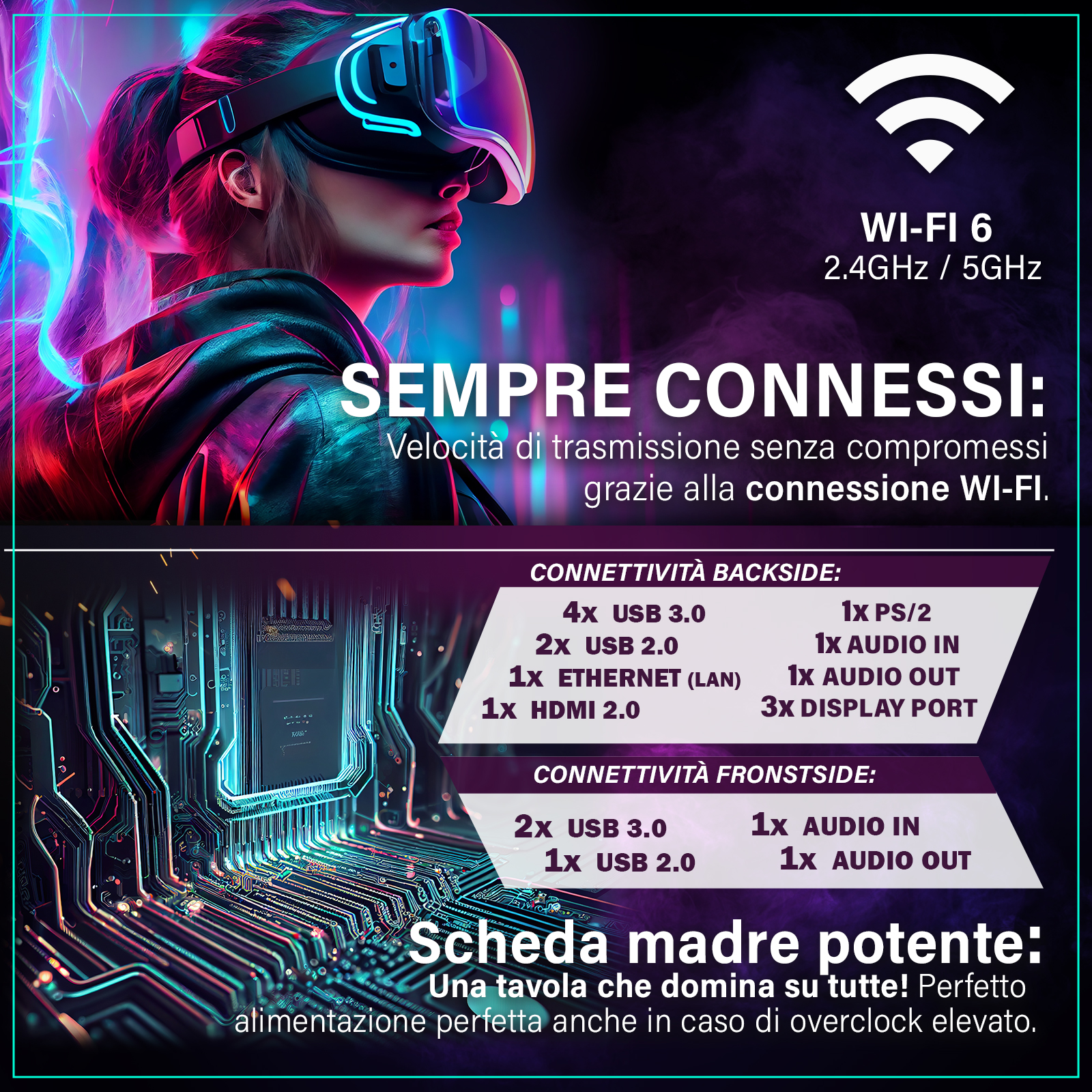 Donna con visore VR, Wi-Fi 6, porte e design circuito stampato.