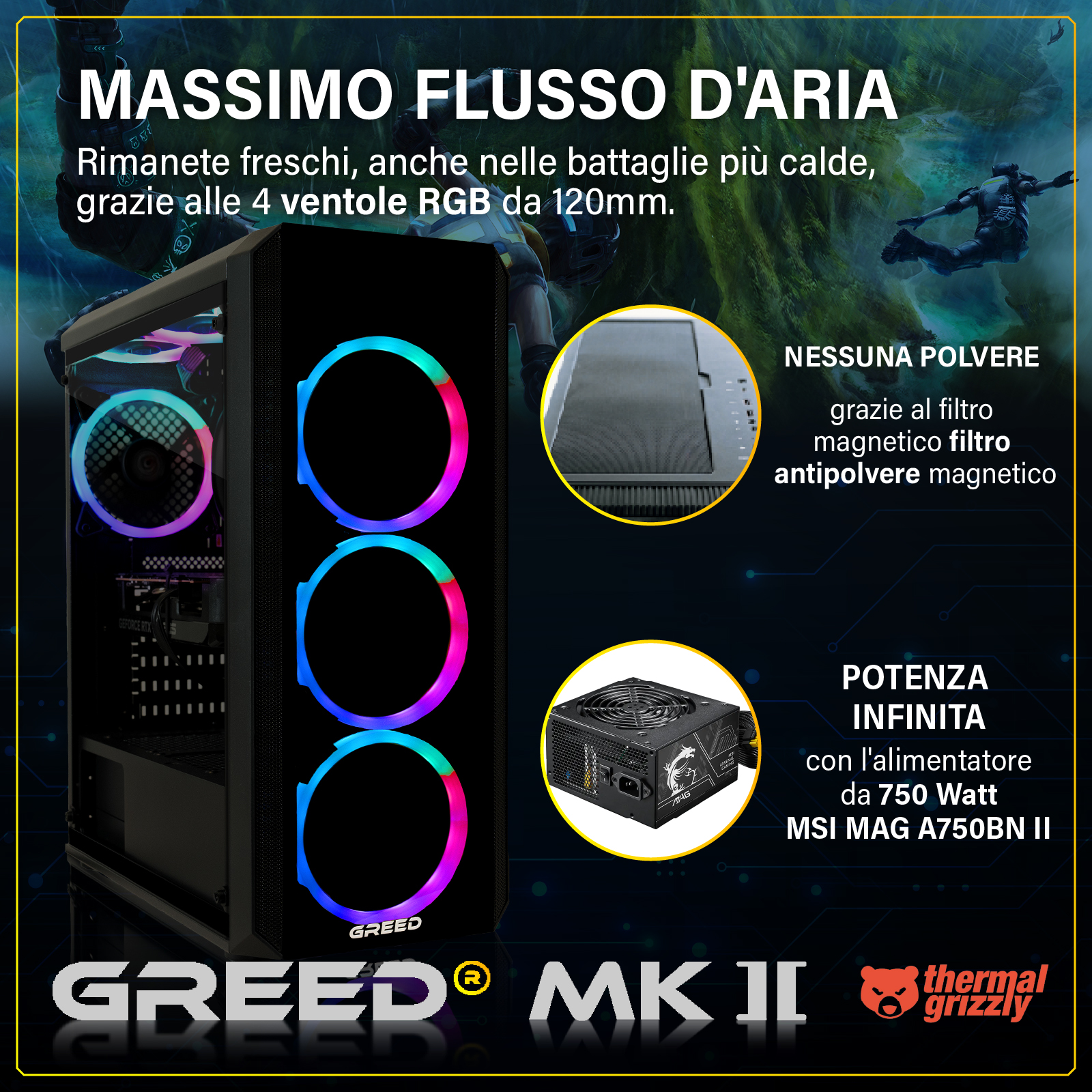 Un case PC con ventole RGB, alimentatore e filtro antipolvere.