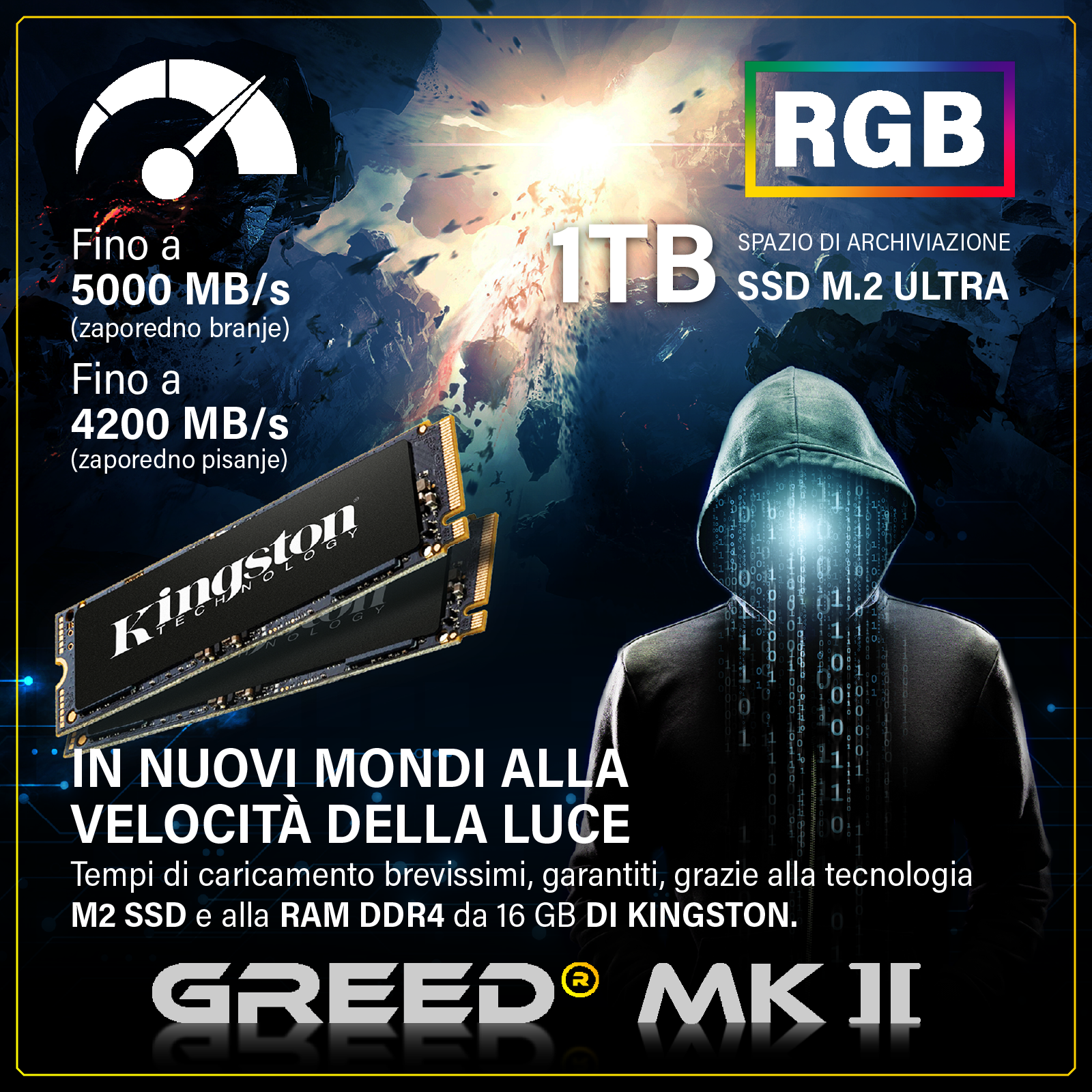 Figura incappucciata davanti a esplosione, SSD Kingston, SSD M.2 1TB, logo RGB e dati.
