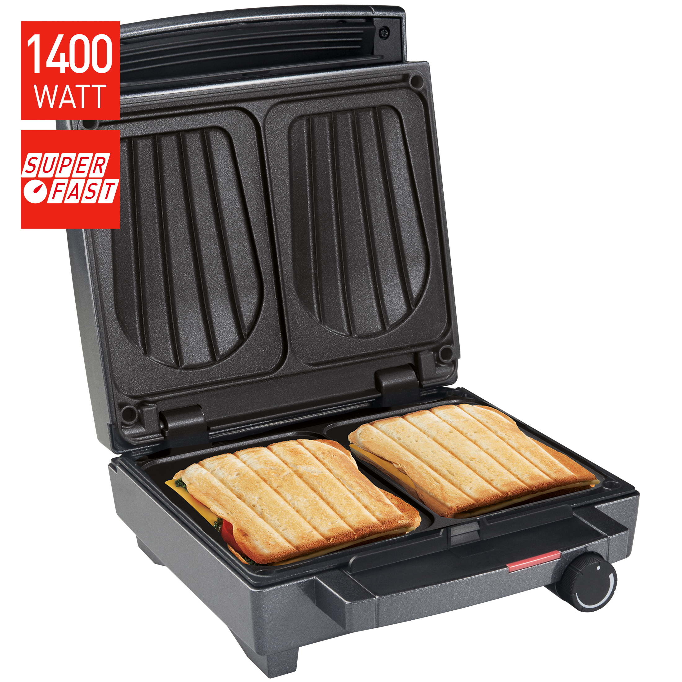 An open sandwich maker with two grilled sandwiches, featuring 1400 watts and super fast text.