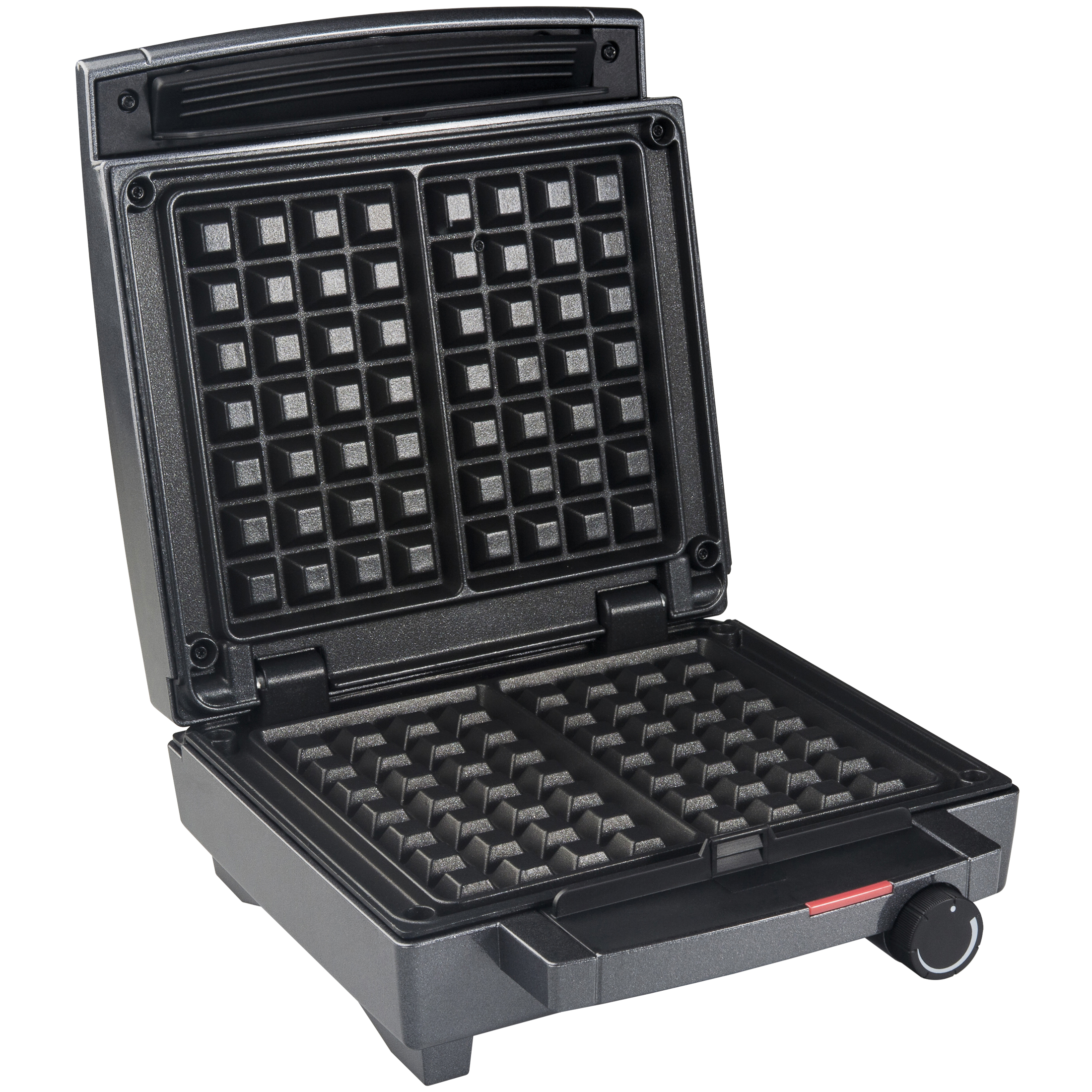 An open, dark waffle maker with square indentations.