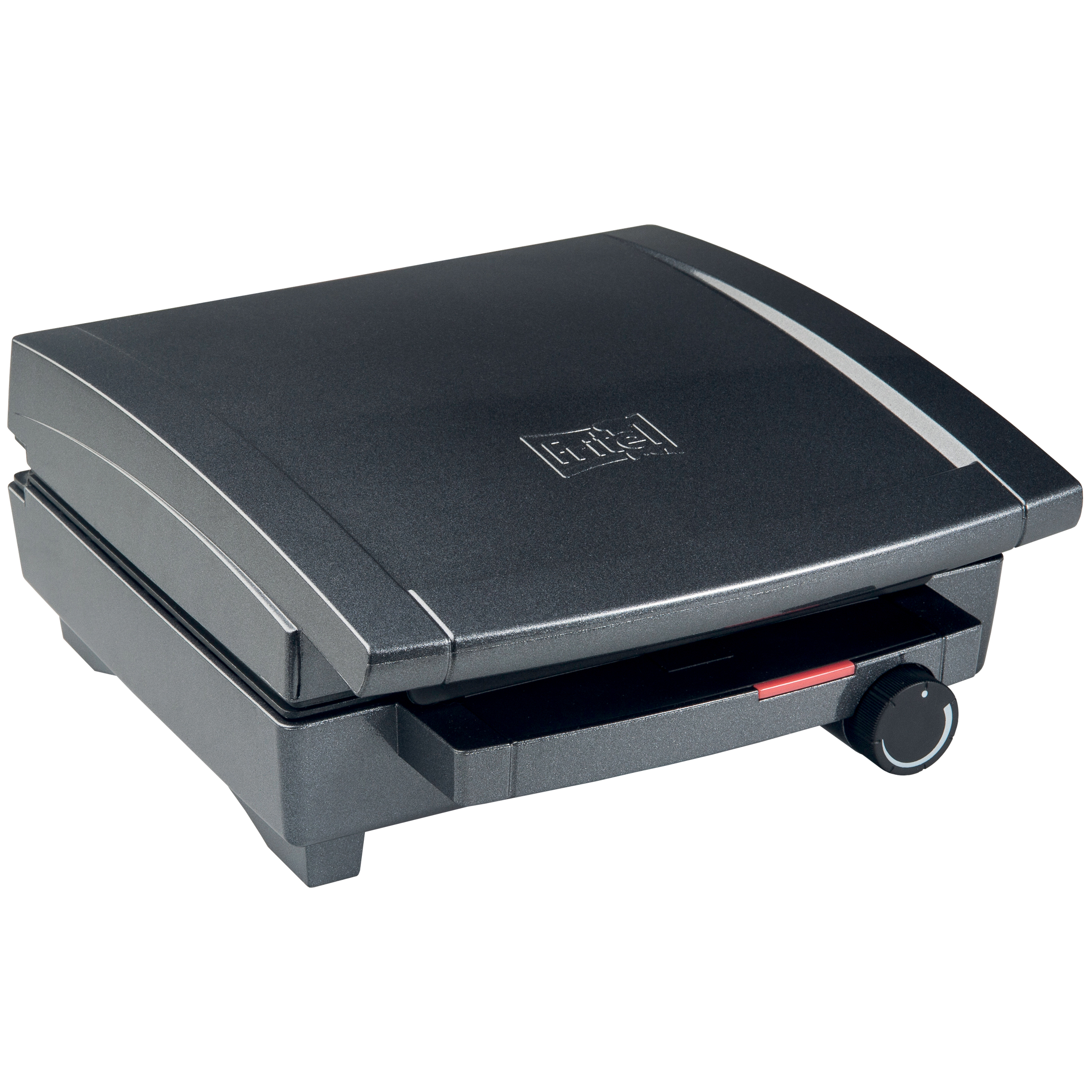A closed, dark contact grill with silver accents and a black rotary knob.