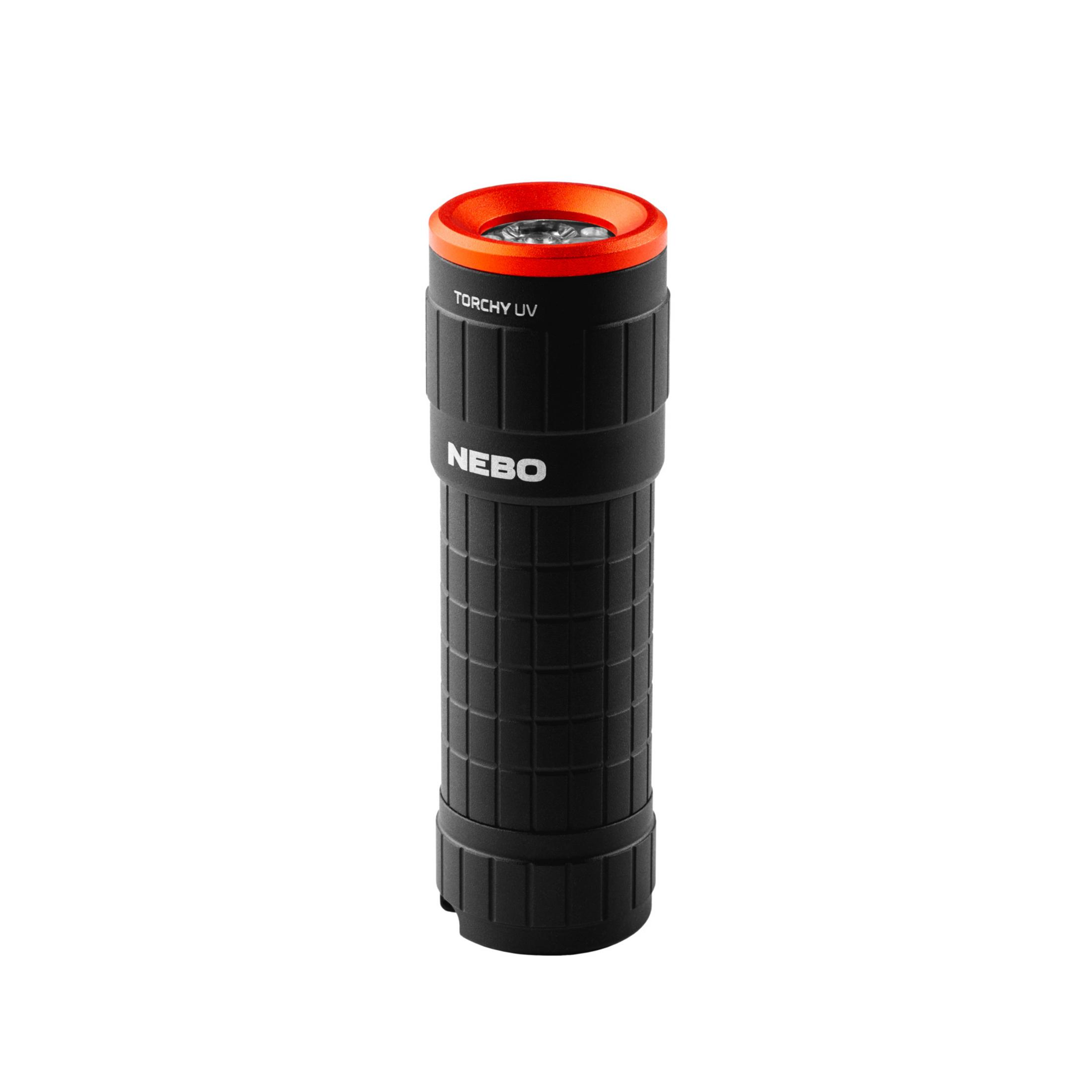 Torcia nera con anello arancione, etichettata "NEBO TORCHY UV".