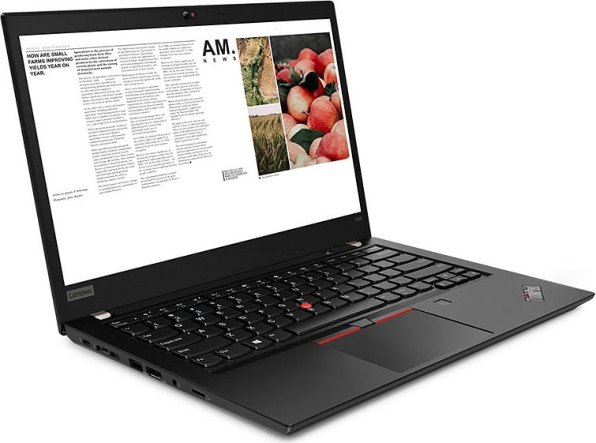 Ein offener schwarzer Lenovo Laptop mit einem Artikel über Landwirtschaft auf dem Bildschirm.