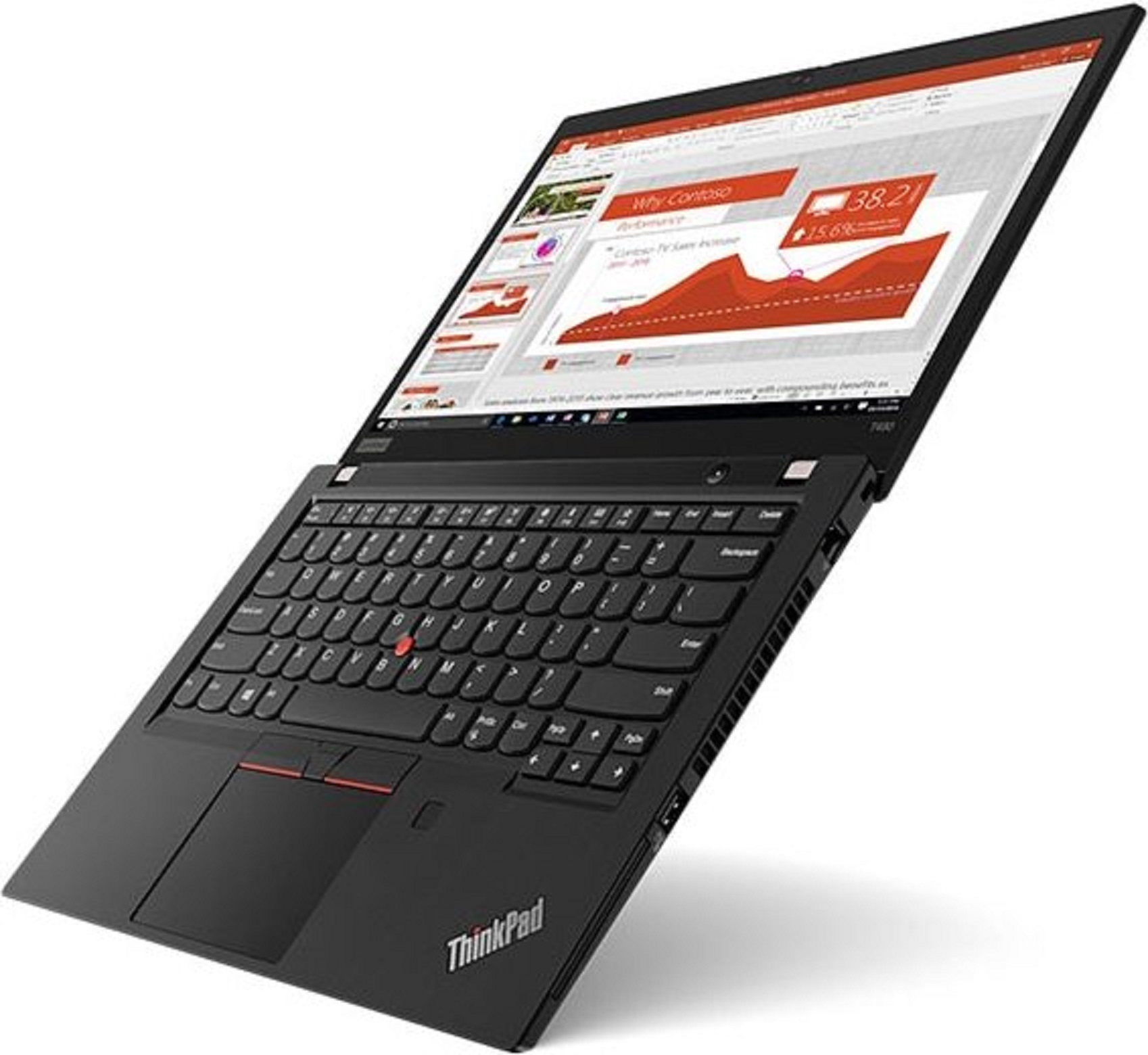 Schwarzer ThinkPad Laptop mit geöffnetem Bildschirm, der eine Präsentation mit Diagrammen zeigt.