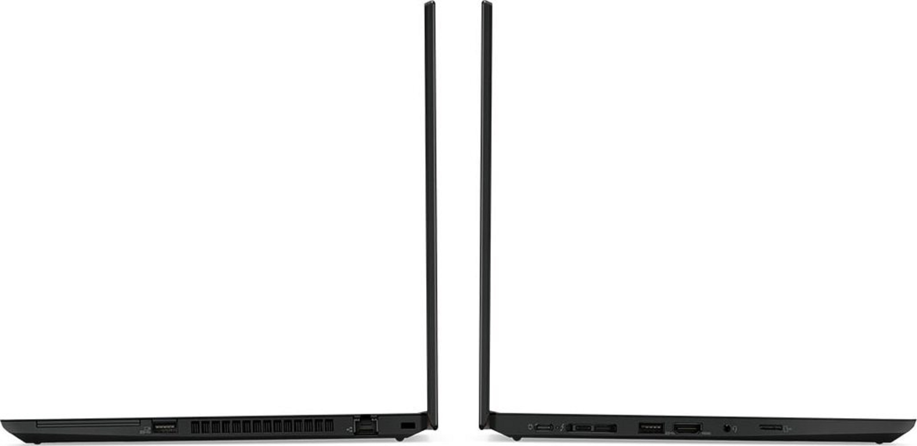 Zwei schwarze Laptops, Seitenansicht, mit Anschlüssen.