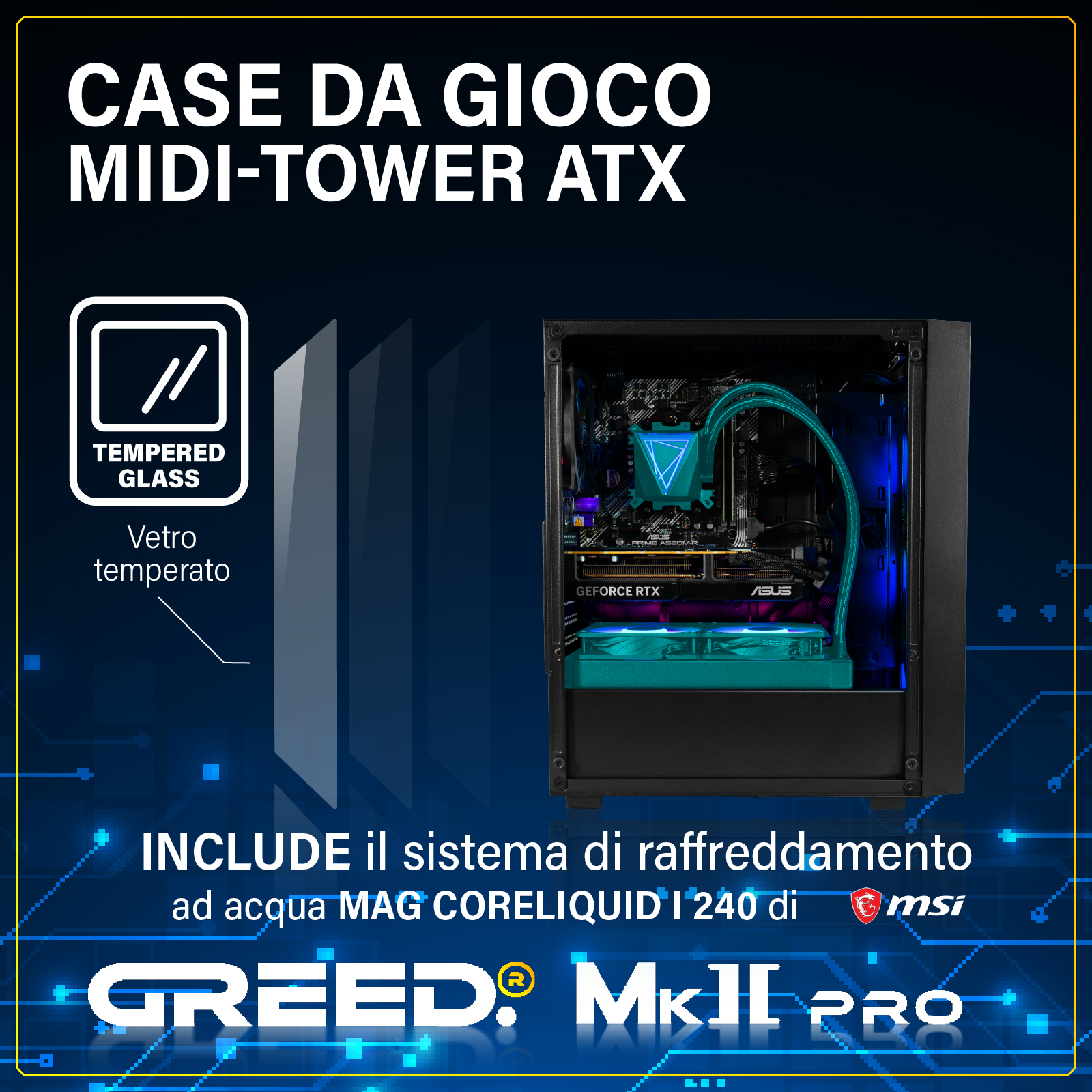 Un case gaming ATX midi-tower con interni illuminati e raffreddamento a liquido.