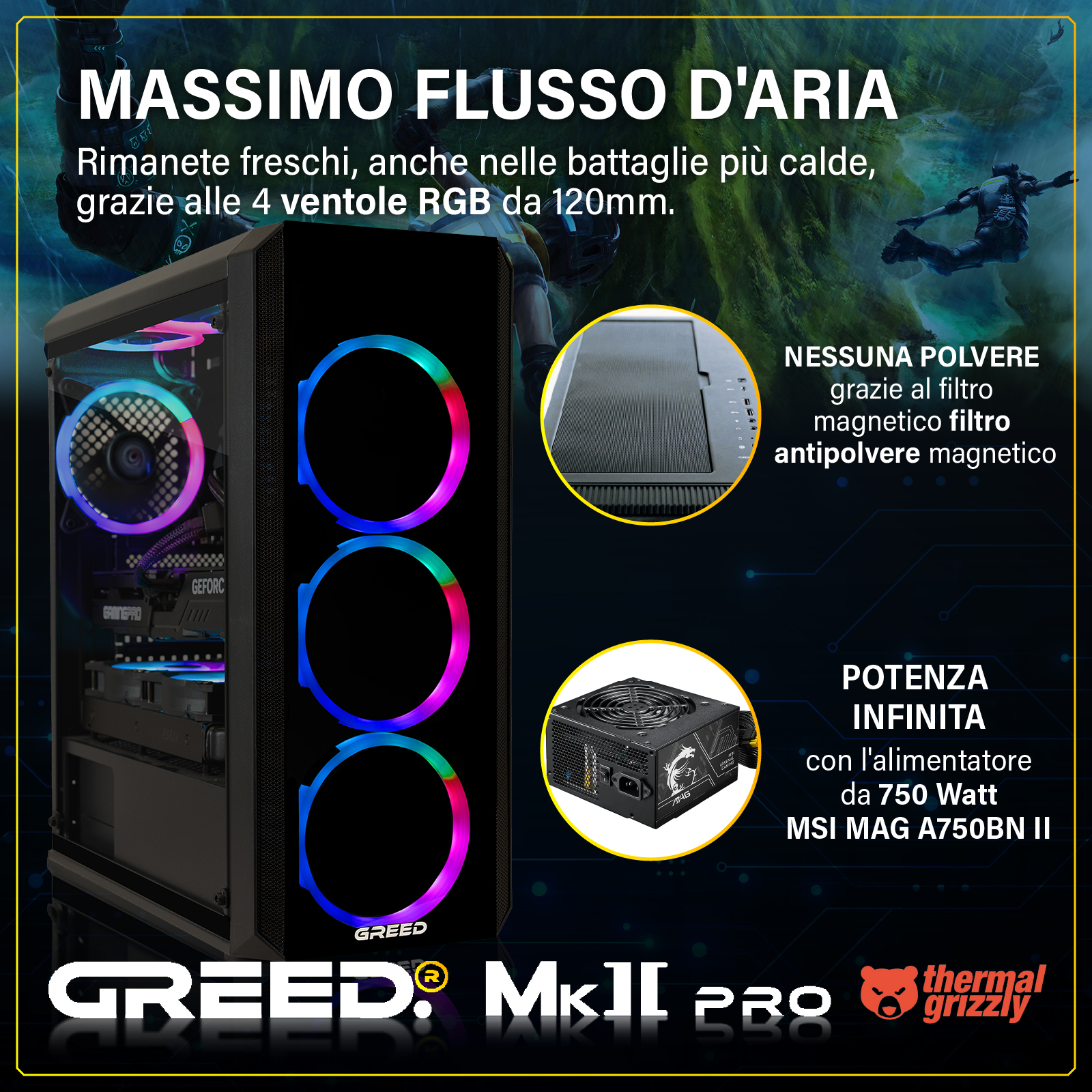 Un case per PC con ventole RGB, alimentatore e filtro antipolvere.