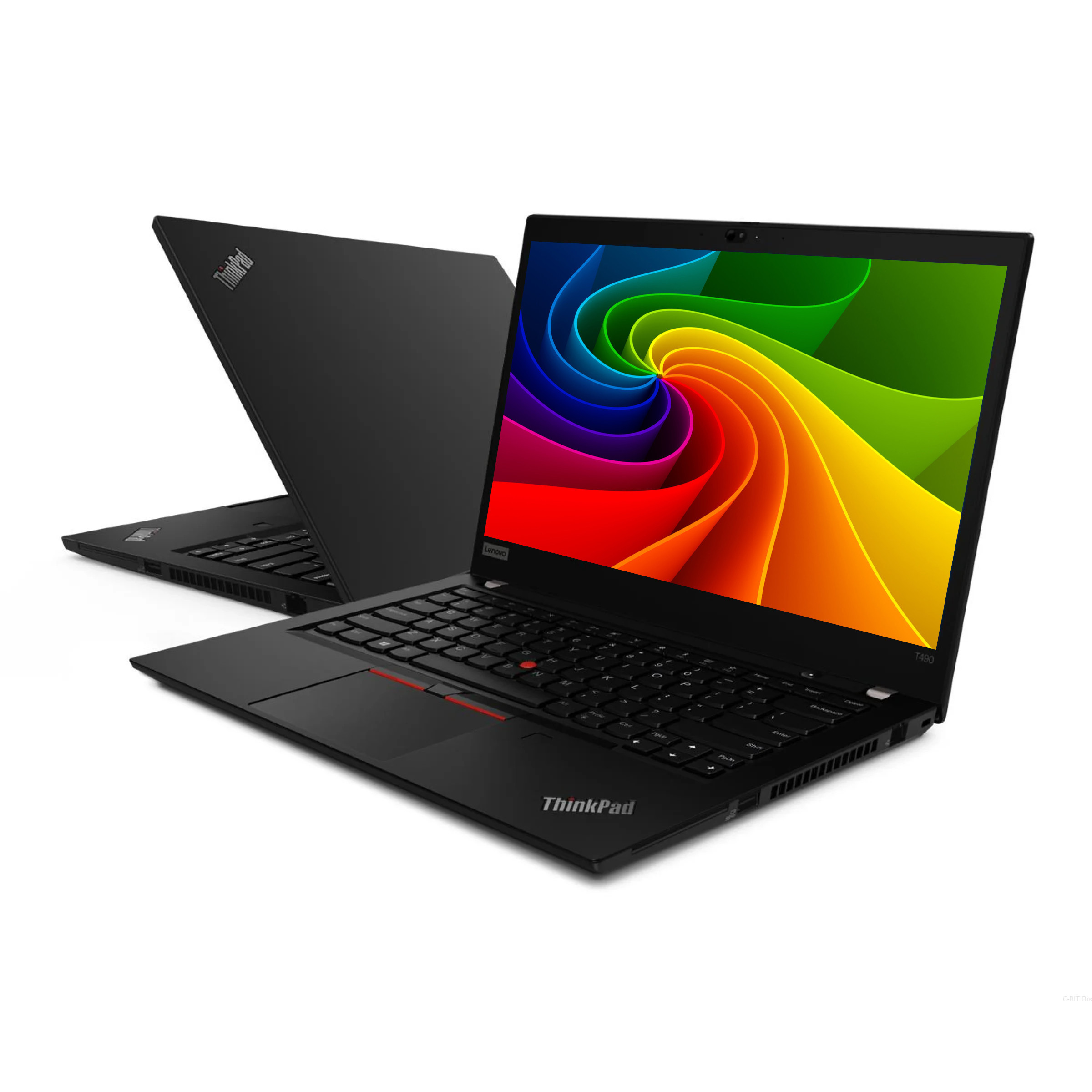 Zwei schwarze Laptops mit farbigem Muster auf dem Bildschirm, weißer Hintergrund.