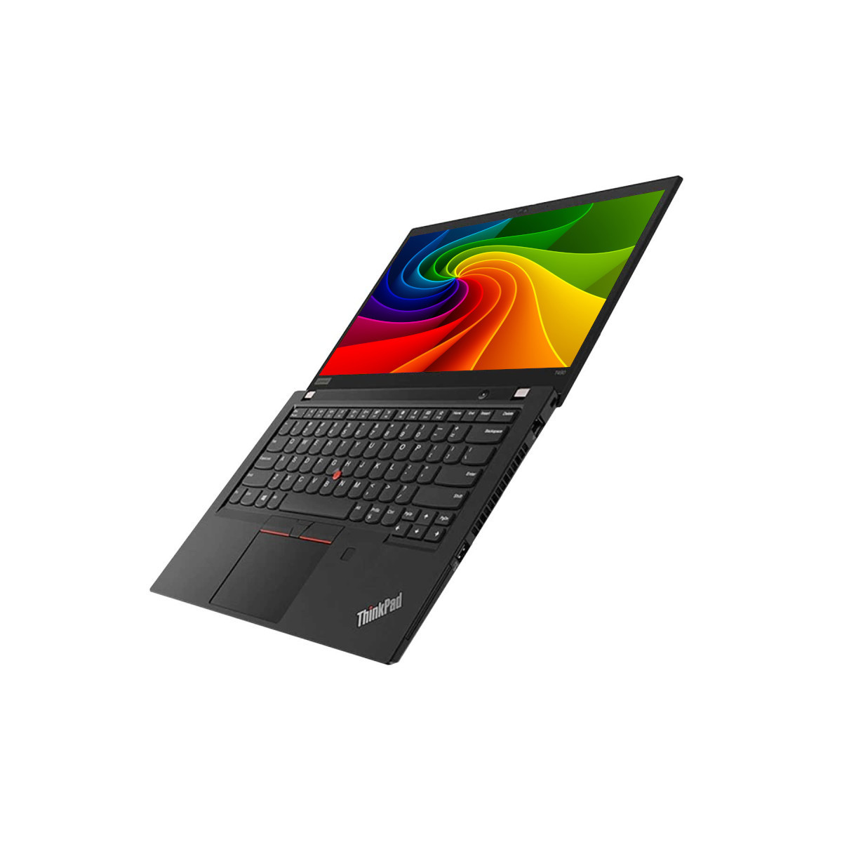 Schwarzer Lenovo ThinkPad Laptop mit bunten wirbelnden Bildschirm.