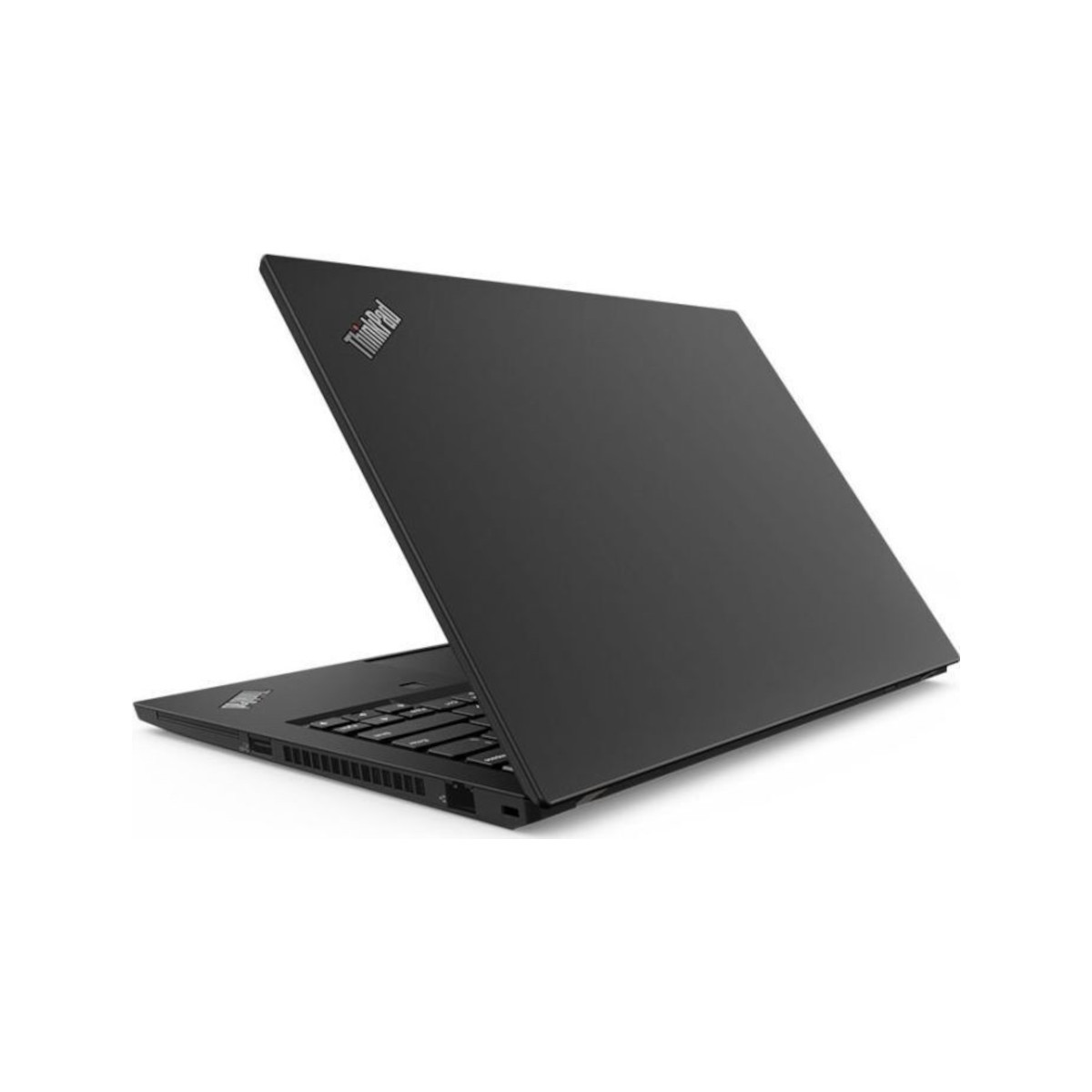 Schwarzer ThinkPad Laptop, Deckel geöffnet, zeigt Tastatur und Logo. Weißer Hintergrund.