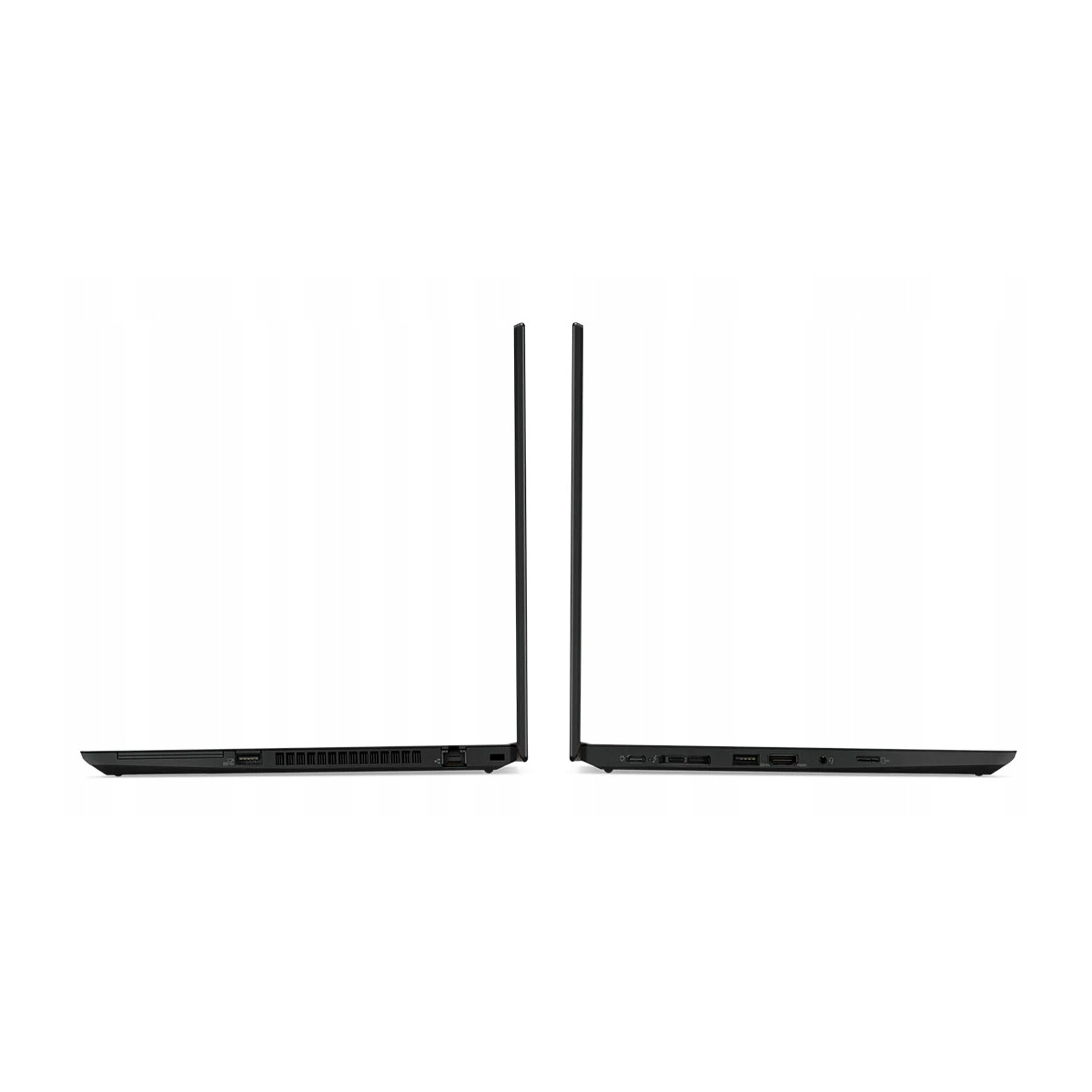 Zwei schwarze Laptops nebeneinander, Seitenansicht mit Anschlüssen.