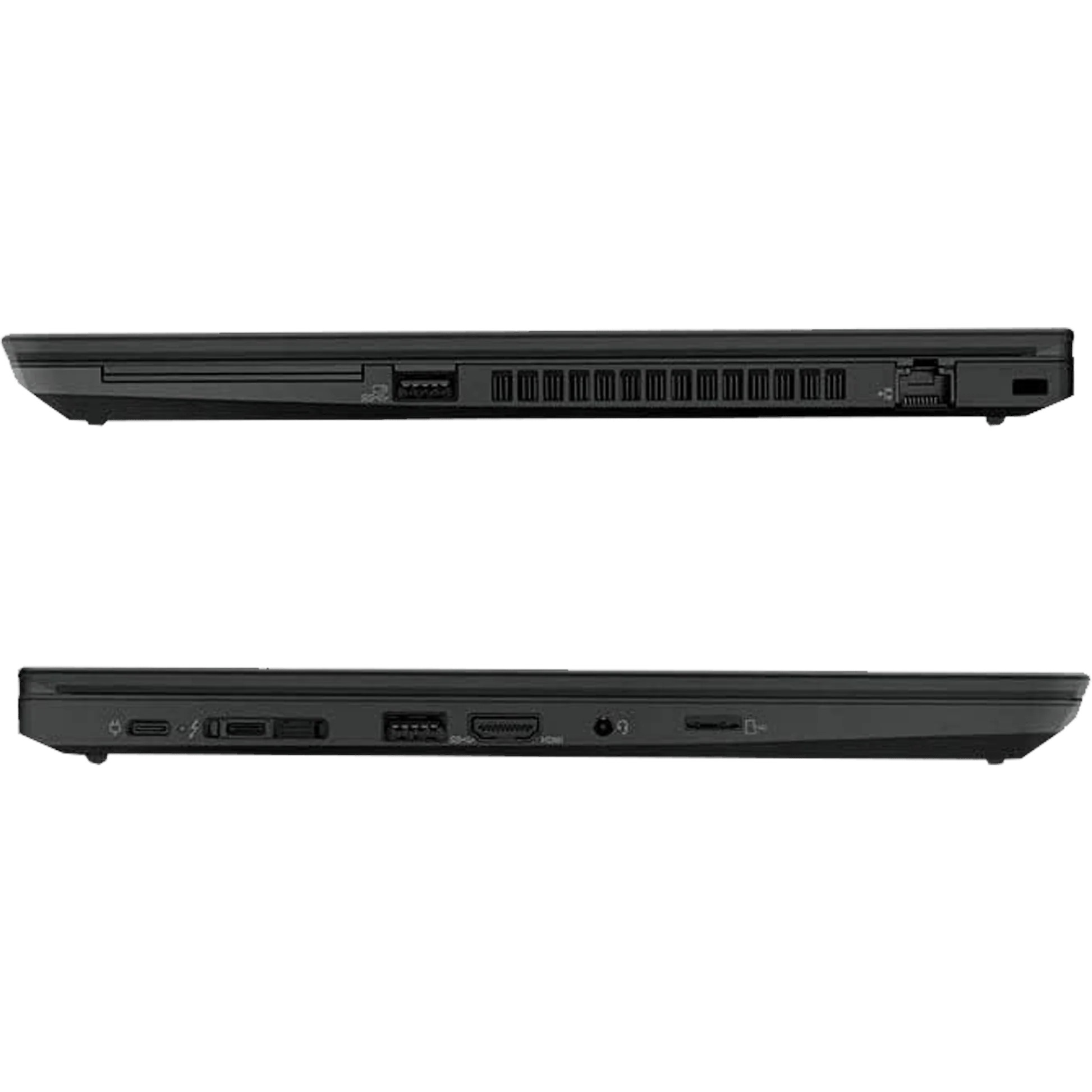 Oben: Laptop-Seite mit Lüftungsschlitzen und Anschlüssen. Unten: Laptop-Seite mit USB-C, HDMI, Audiobuchse.