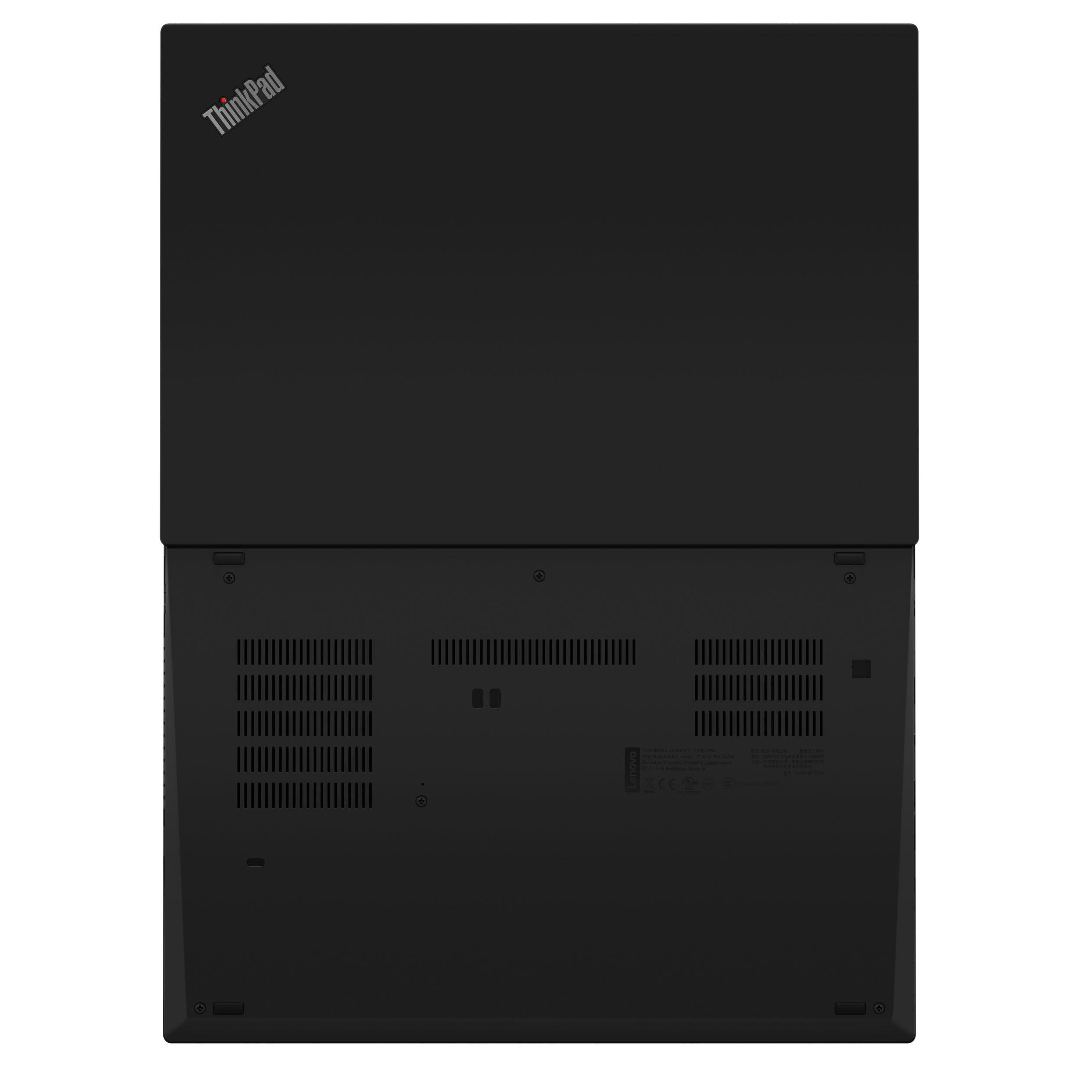Schwarzer Laptop von unten, mit Lüftungsschlitzen und ThinkPad-Logo.