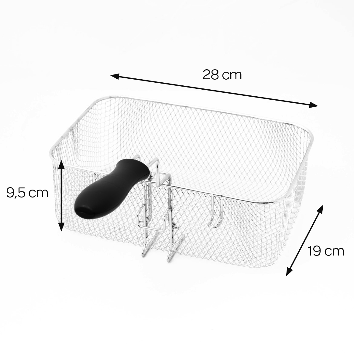 A silver wire mesh fryer basket with a black handle. Dimensions: 28x9.5x19 cm.