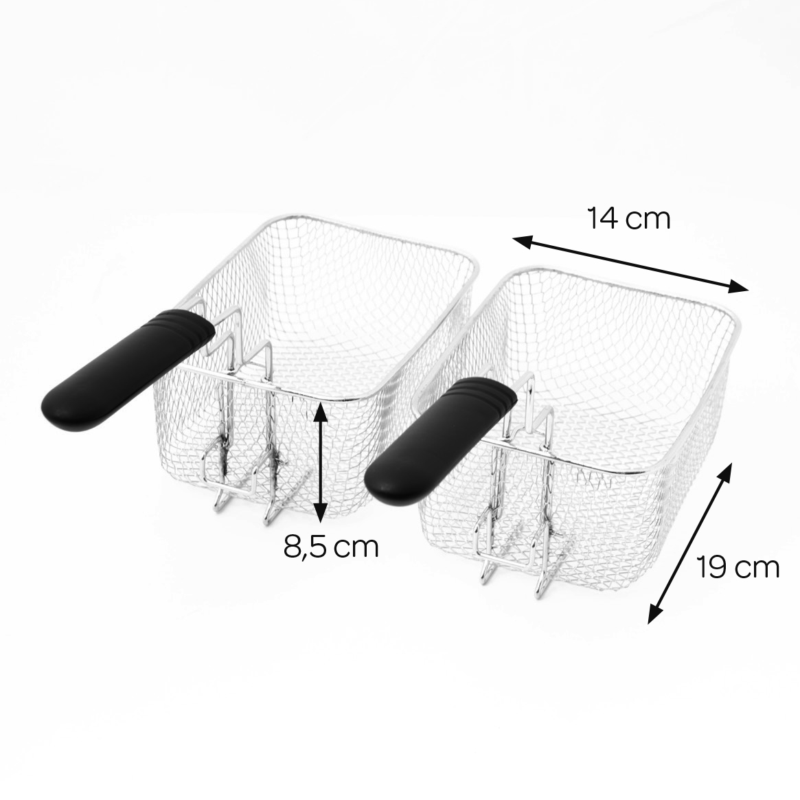 Two wire mesh fry baskets with black handles. Dimensions shown.