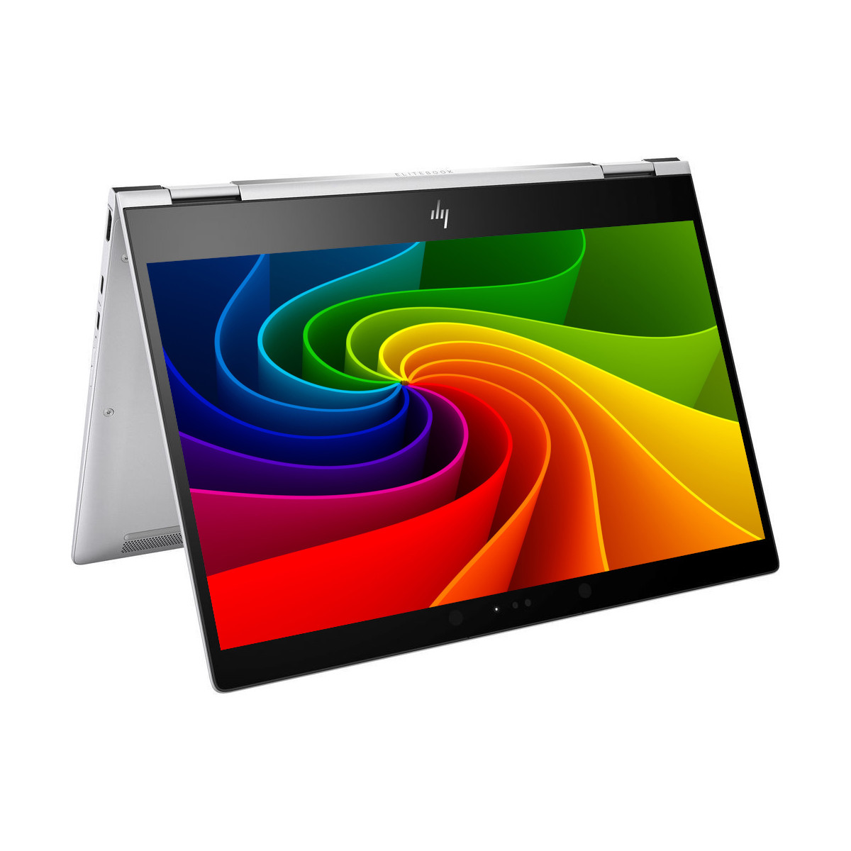 Ein silberner HP Elitebook Laptop ist geöffnet und zeigt ein lebendiges Regenbogen-Wirbel-Hintergrundbild auf seinem Bildschirm.