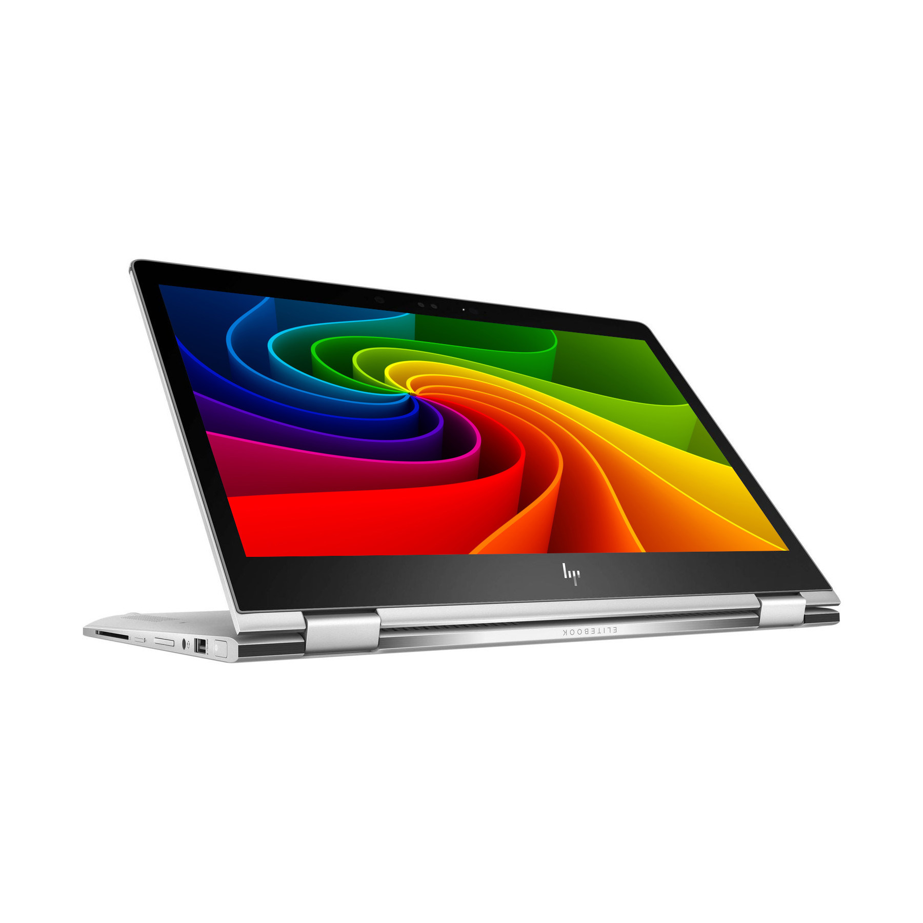 Ein silberner HP Elitebook Laptop mit offenem Display, das ein Regenbogenmuster zeigt.