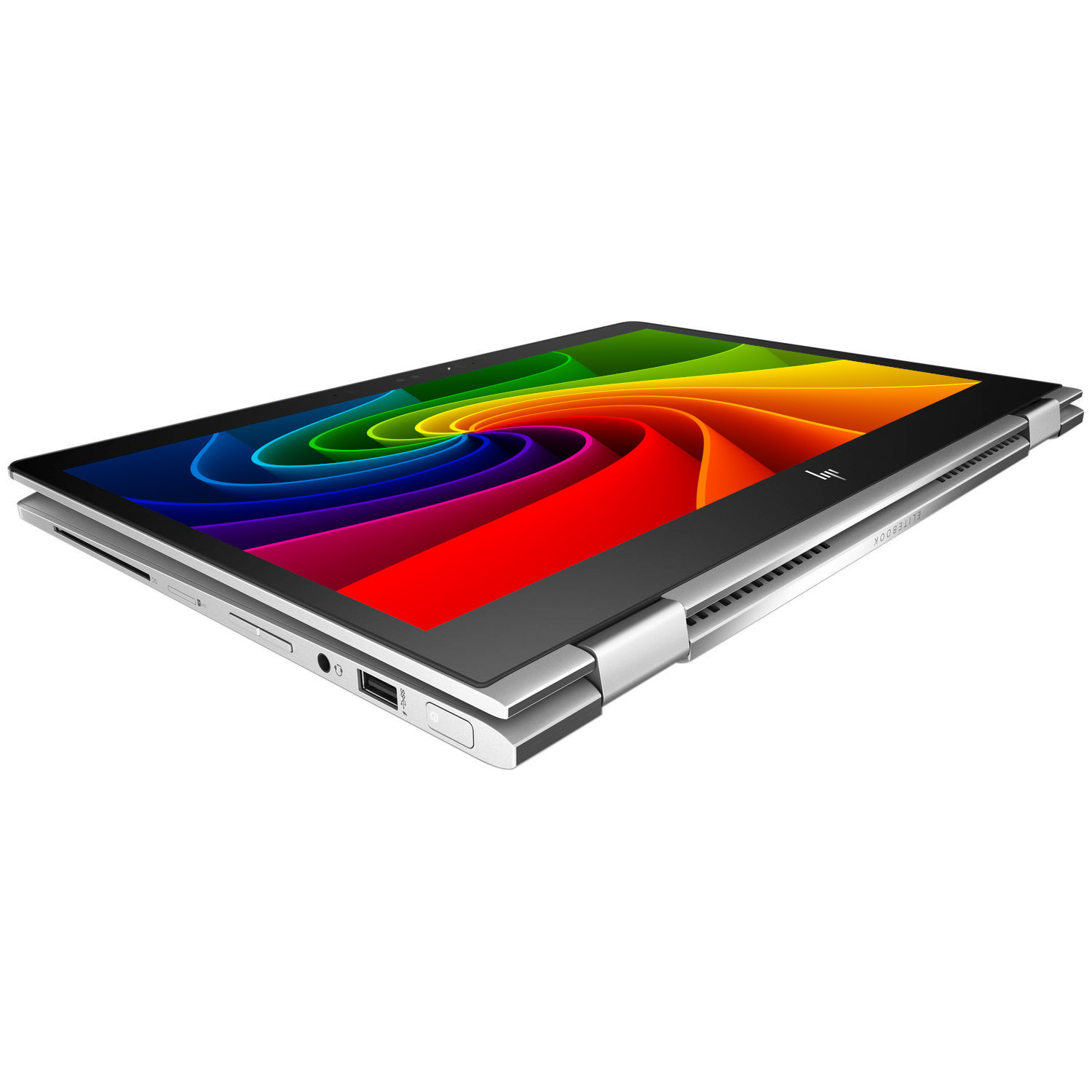 Ein offener silberner Laptop mit einem bunten Regenbogen-Hintergrundbild auf dem Bildschirm.