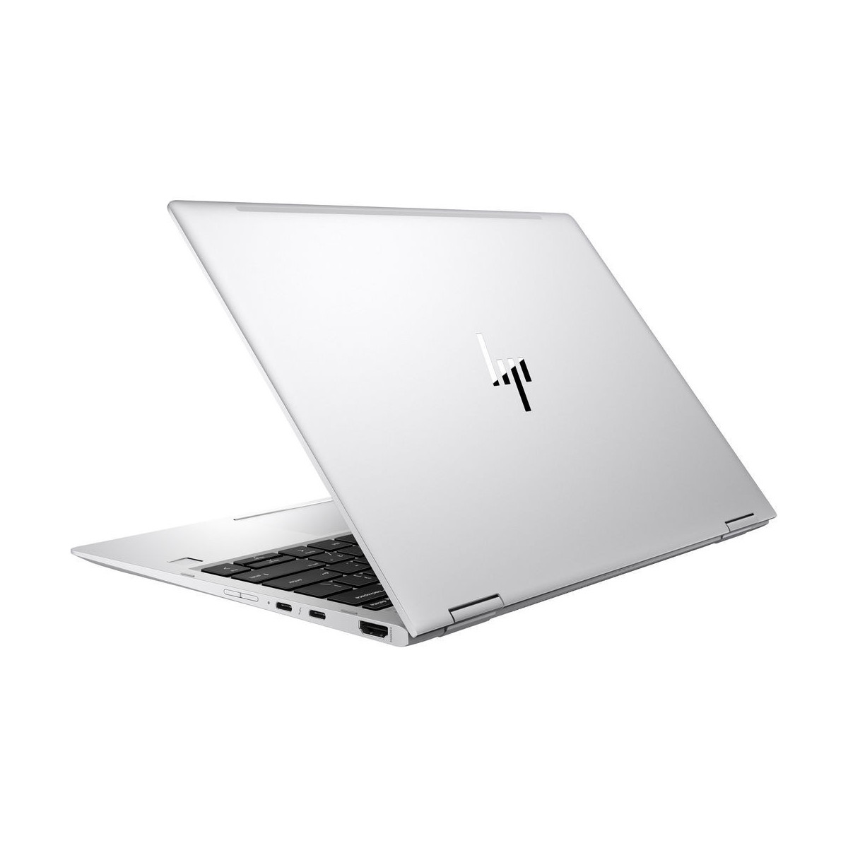 Ein silberner HP Laptop mit offenem Display und Tastatur, auf weißem Hintergrund.