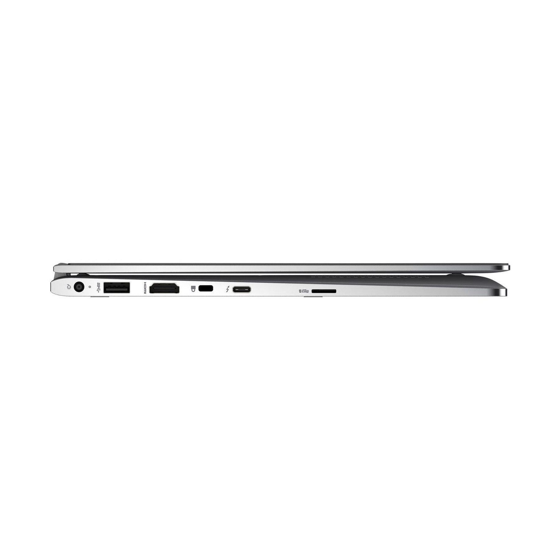 Seitenansicht eines Laptops zeigt Anschlüsse: USB-C, USB-A, HDMI, Thunderbolt, SD-Kartenleser.