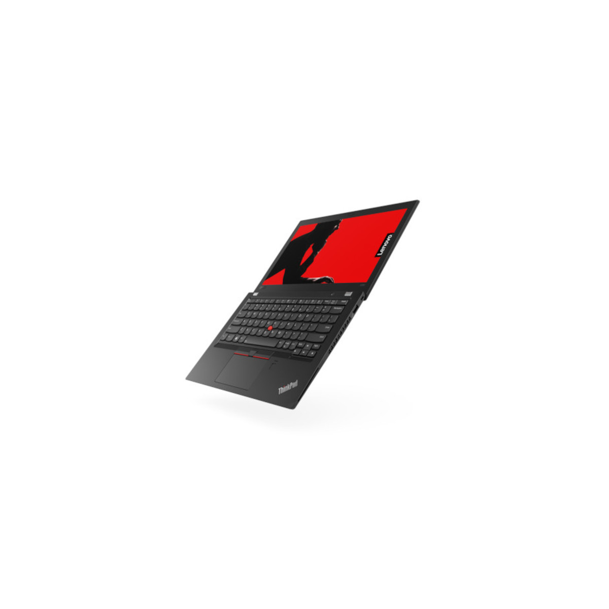 Schwarzer Lenovo ThinkPad Laptop geöffnet, zeigt roten Bildschirm mit Silhouette.