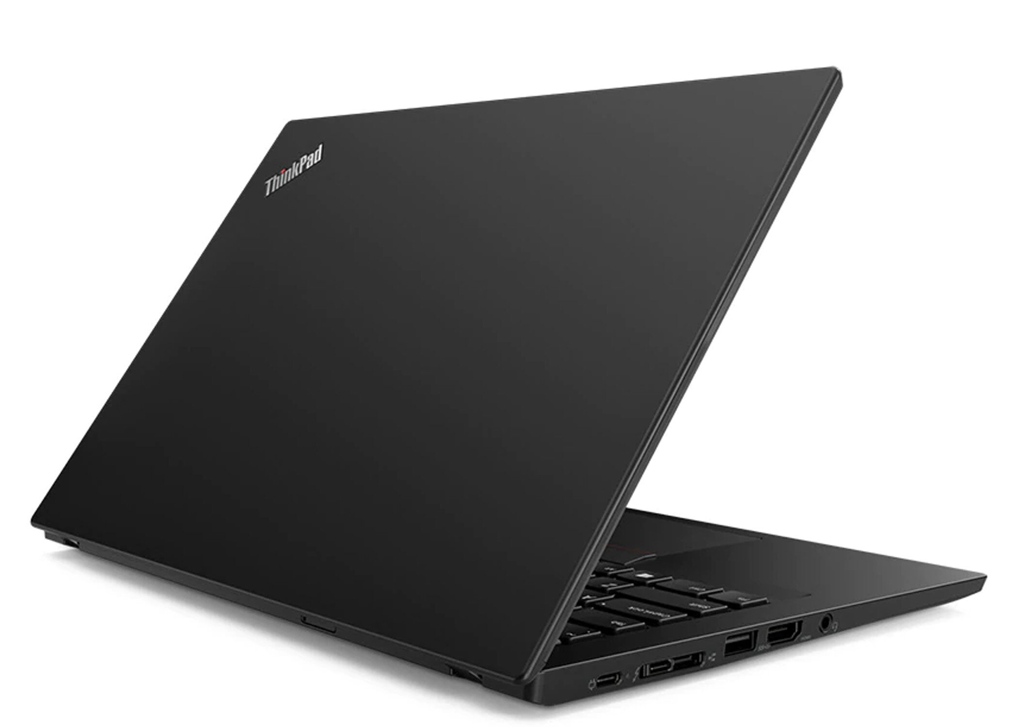Schwarzer ThinkPad Laptop, leicht geöffnet, mit Fokus auf die Tastatur und Anschlüsse.