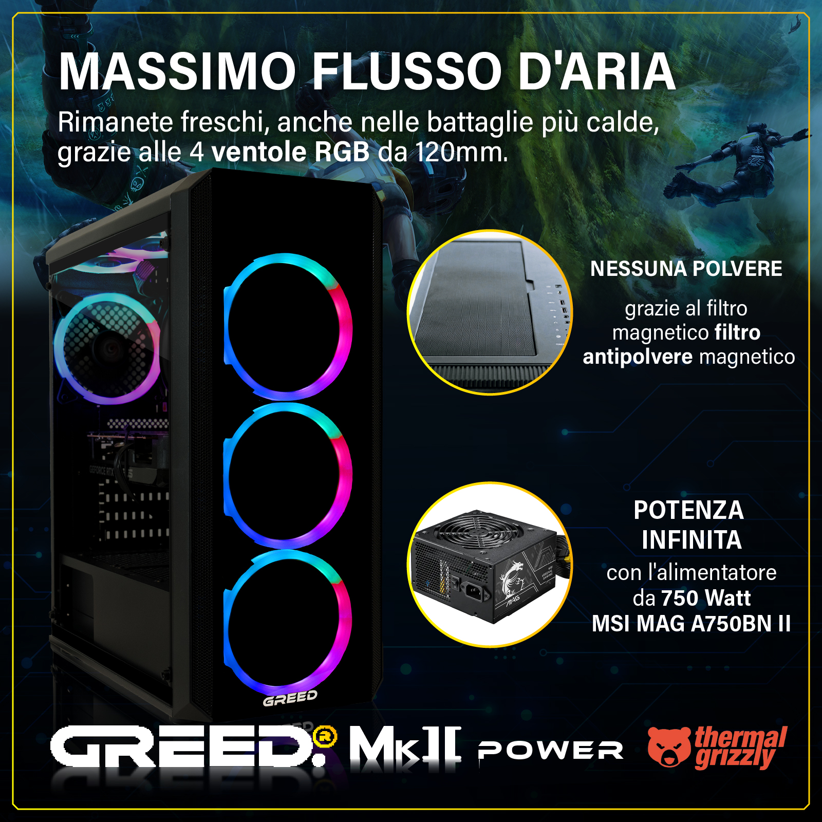 Case PC gaming con ventole RGB, alimentatore e filtro antipolvere.